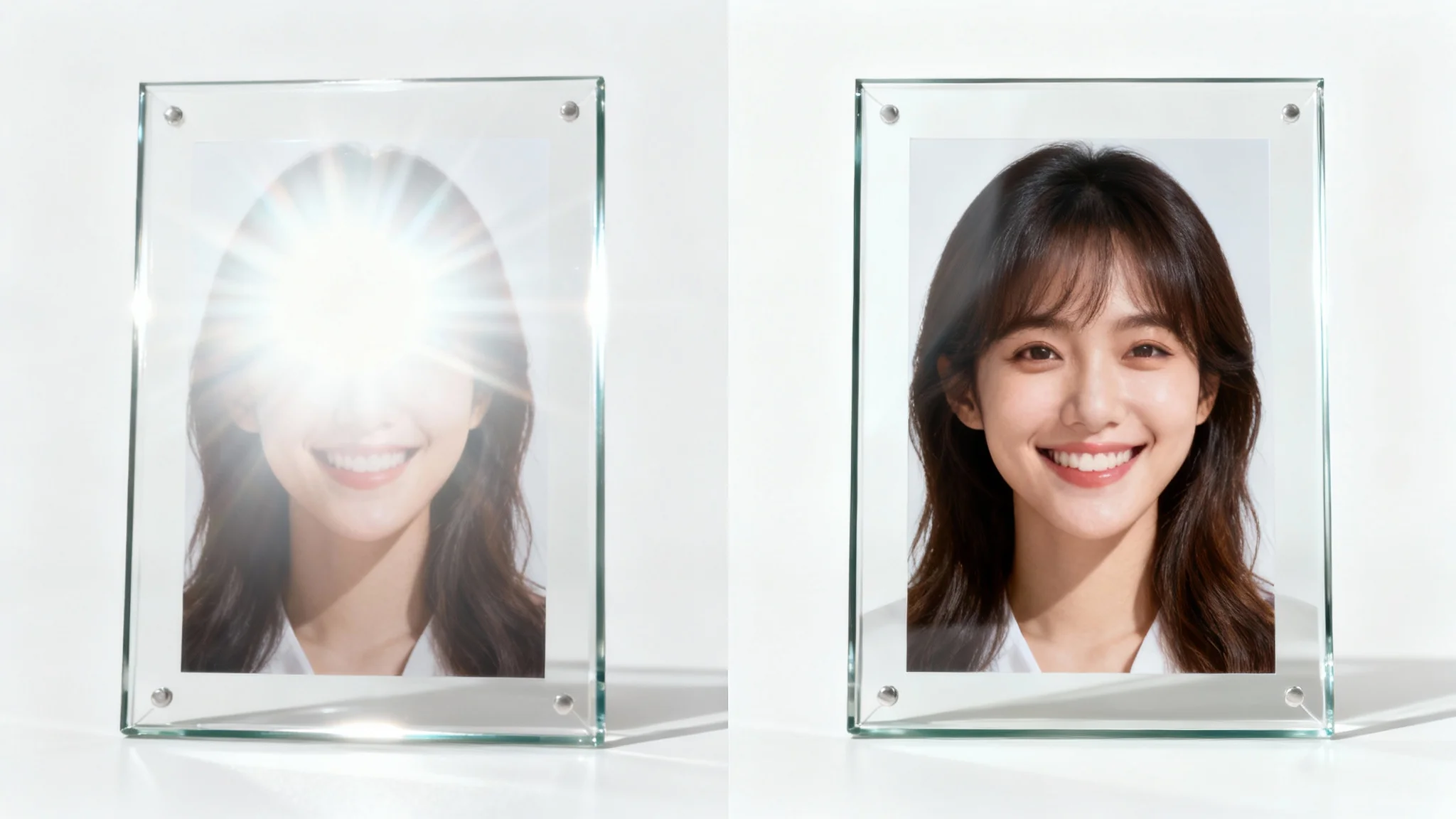 A before-and-after image demonstrating glare removal on a framed photo. The left side is obscured by a bright glare, while the right side is perfectly clear and detailed.