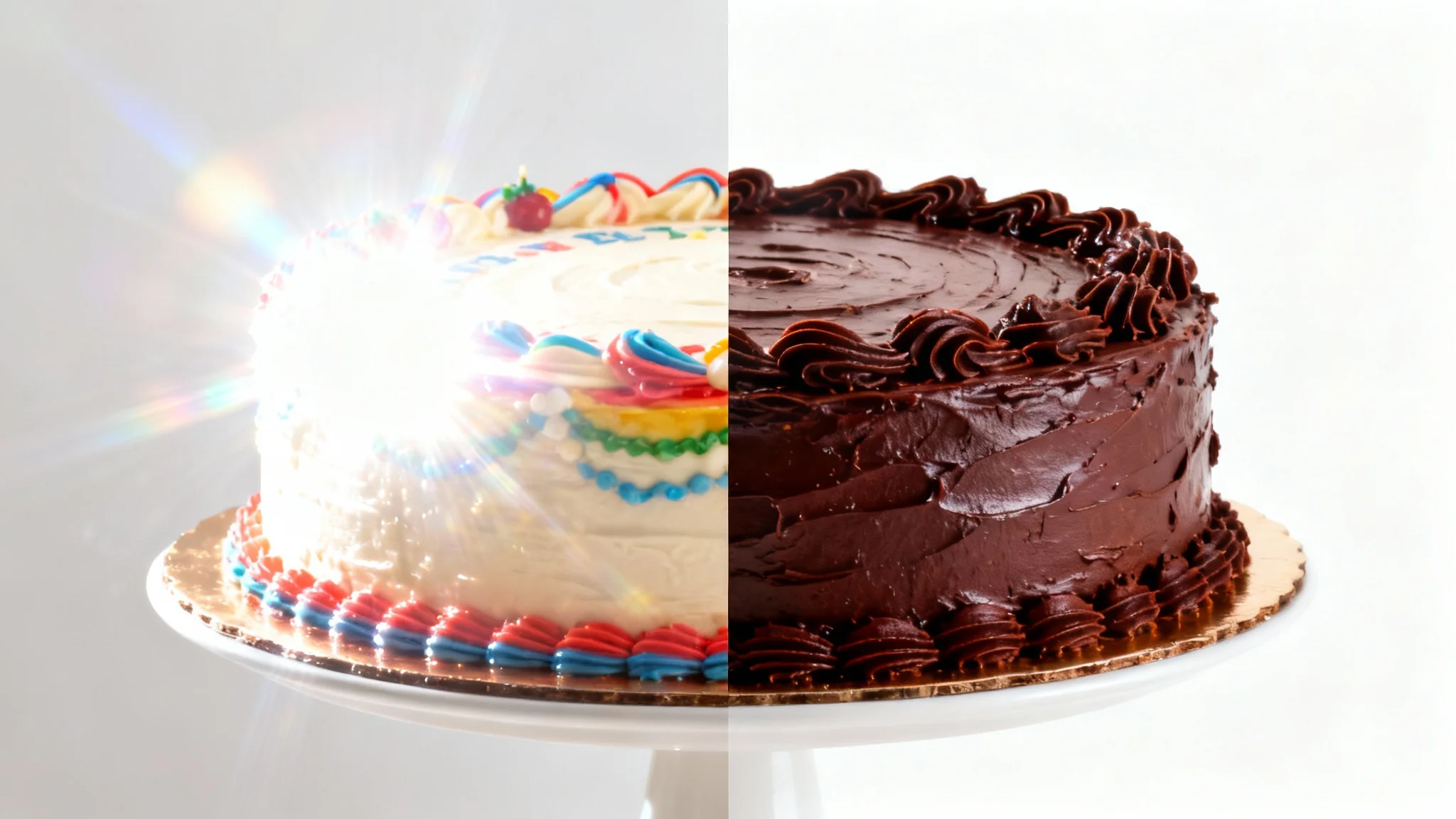 A before-and-after image showing glare removal. The left side has a photo of a cake with a bright, distracting glare. The right side shows the same photo with the glare removed, revealing the cake's true colors and details.