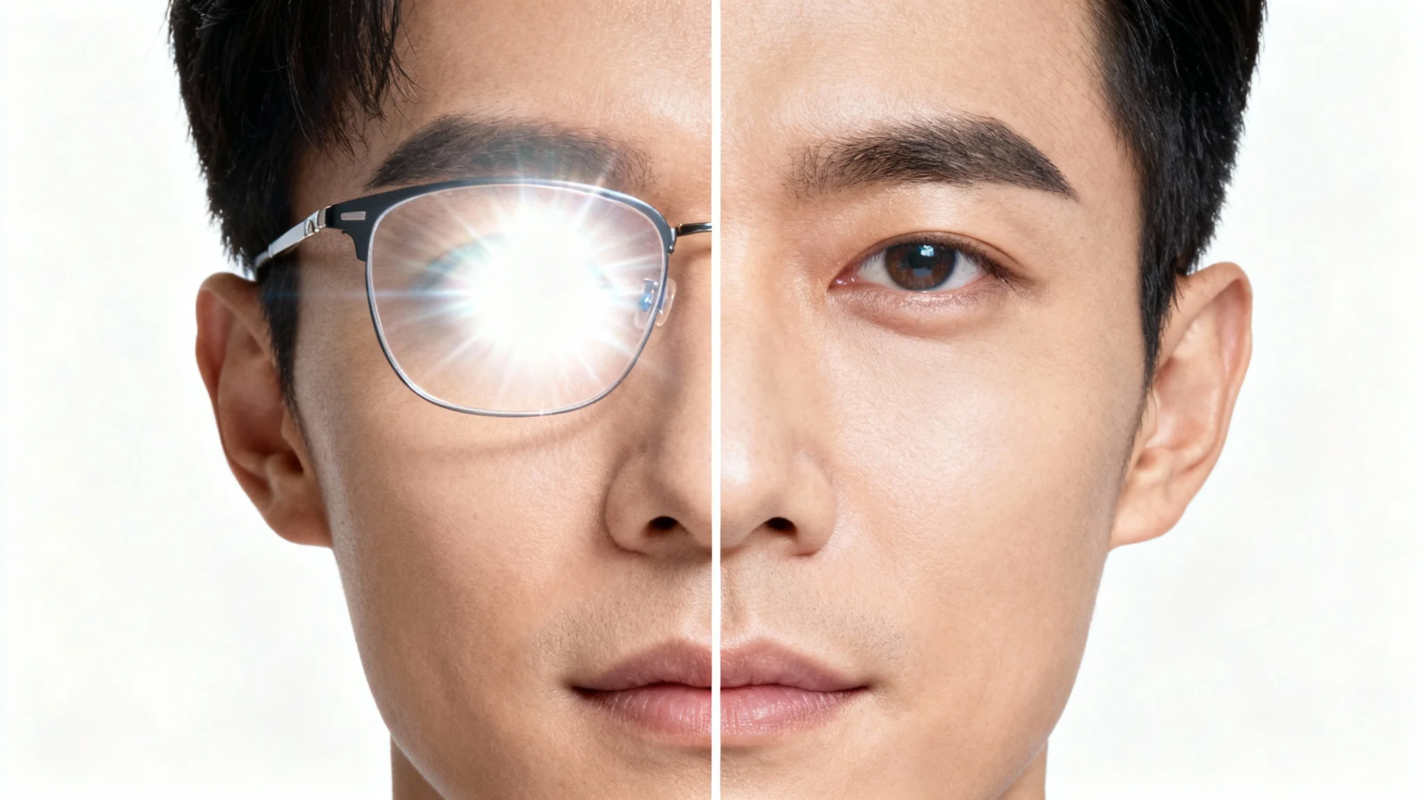 A before-and-after split image of a person's face wearing glasses. The left side shows a strong glare on the lenses obscuring the eyes, while the right side shows the same glasses with no glare, and the eyes are perfectly visible.