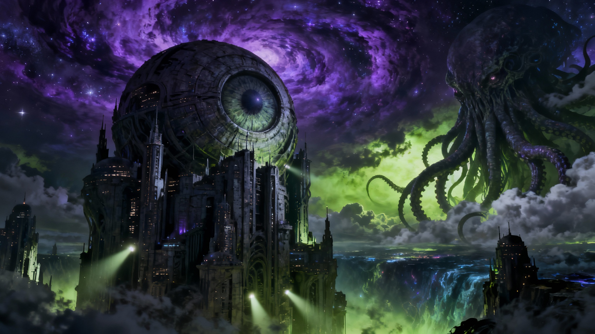 A vast, cinematic digital painting of an eldritch horror landscape, featuring towering, impossible architecture under a swirling cosmic sky where a giant, tentacled creature lurks.