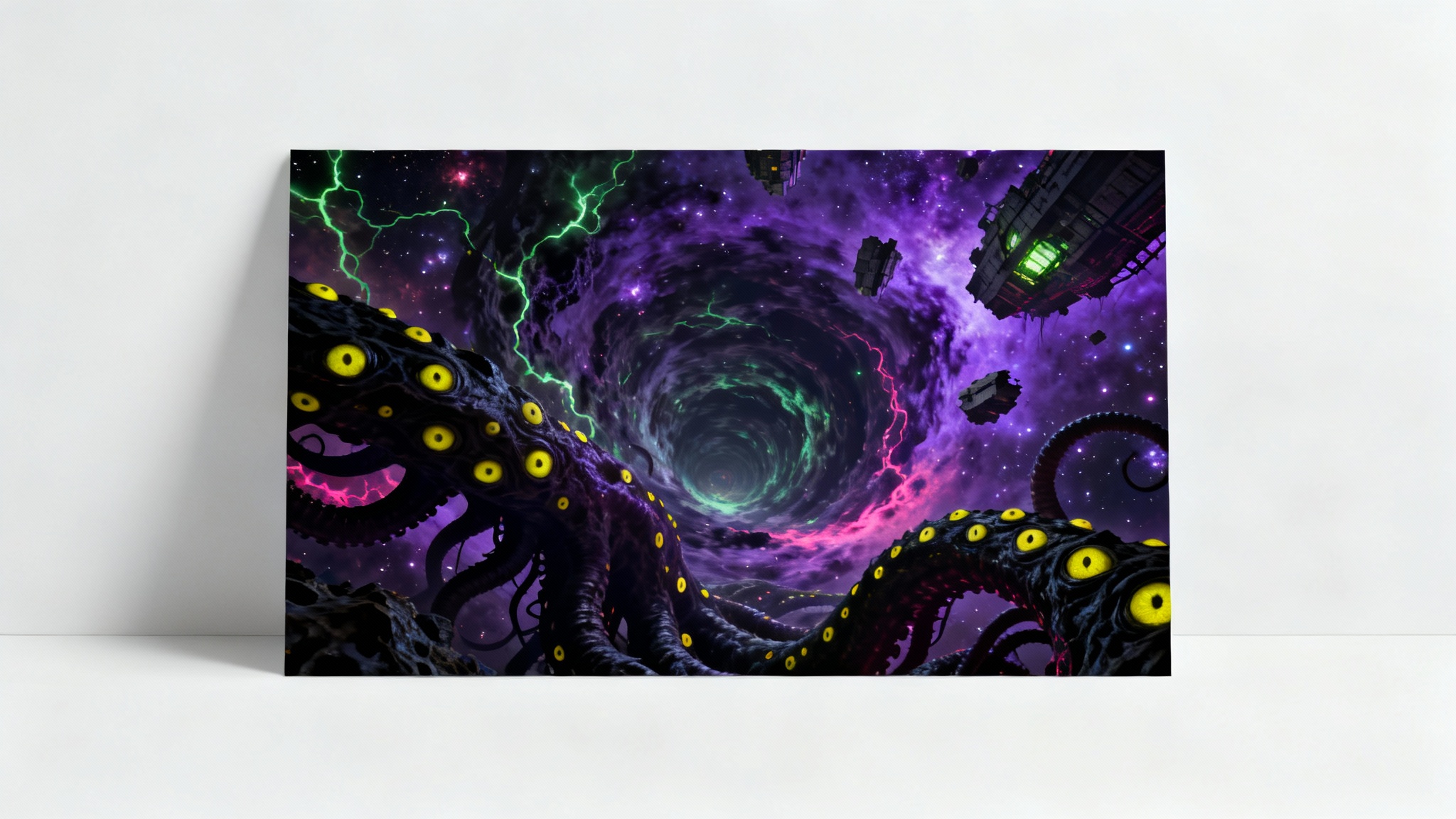 An example of an eldritch horror background, showing a cosmic abyss with giant tentacles and impossible architecture, displayed against a plain white background.