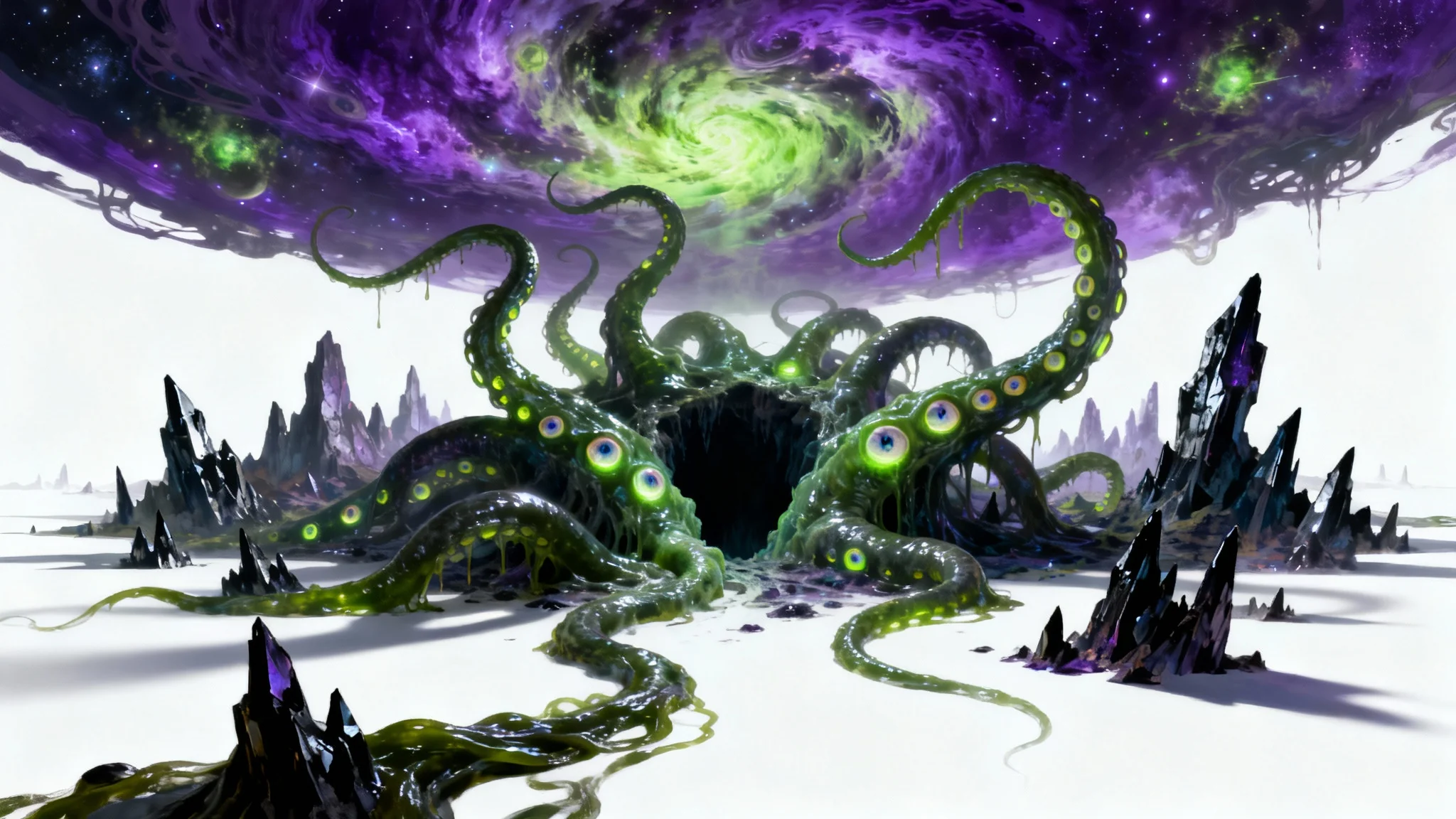 A hyperrealistic digital painting of an eldritch horror landscape, featuring colossal slimy tentacles emerging from a dark abyss under a chaotic purple and green sky, isolated on a white background.