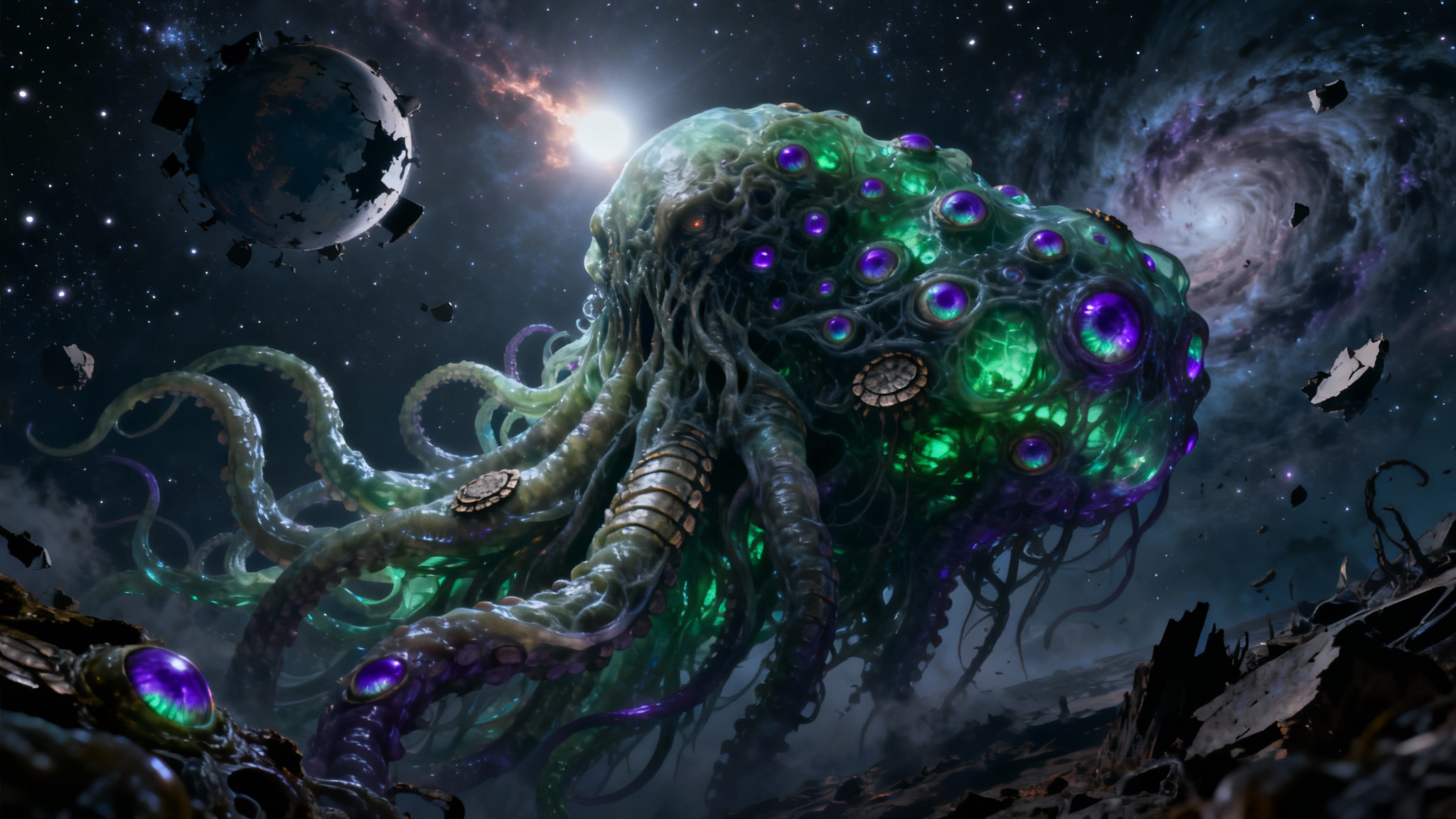 A terrifyingly beautiful background of a massive, tentacled eldritch being with many eyes floating in the vast darkness of space, with a shattered planet in the distance.