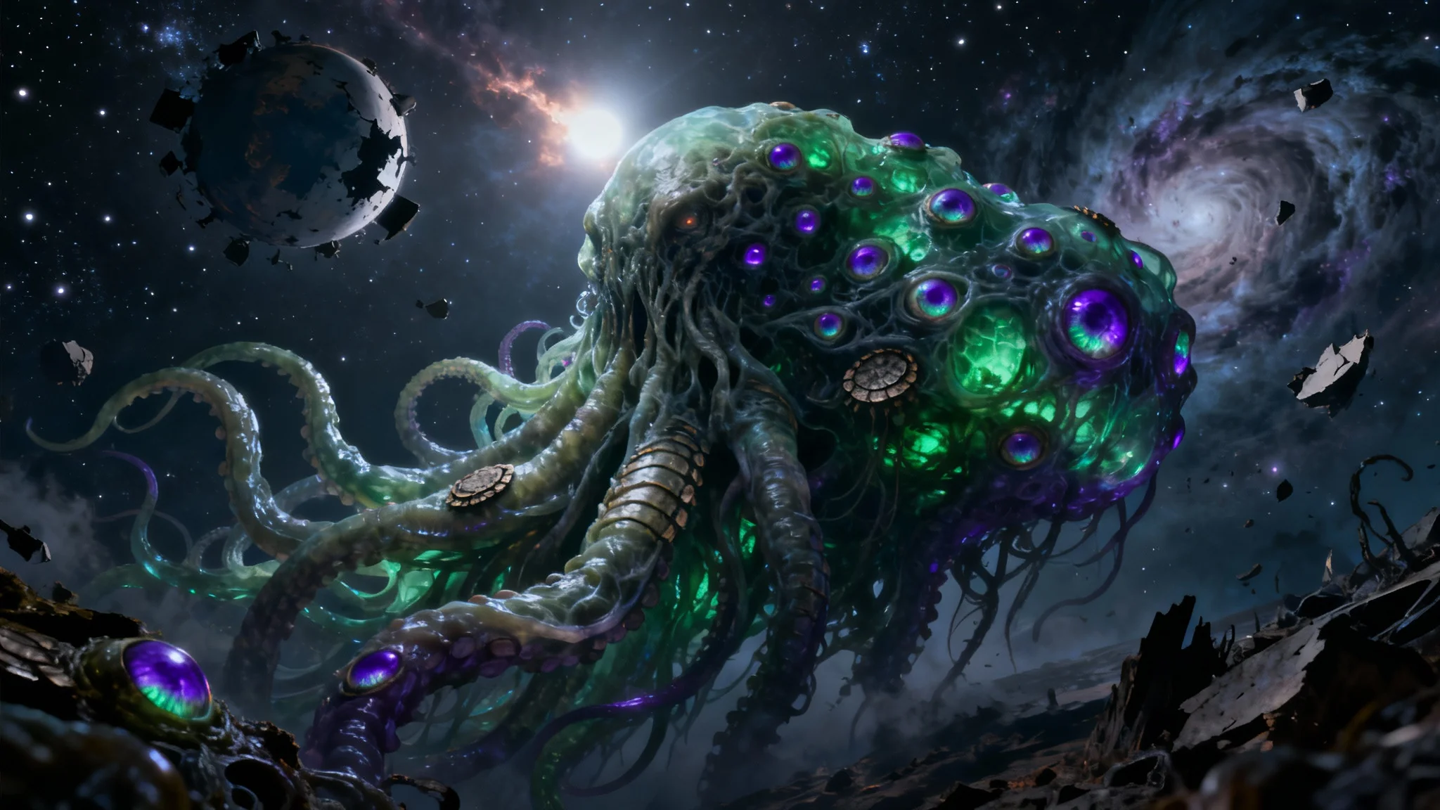 A terrifyingly beautiful background of a massive, tentacled eldritch being with many eyes floating in the vast darkness of space, with a shattered planet in the distance.