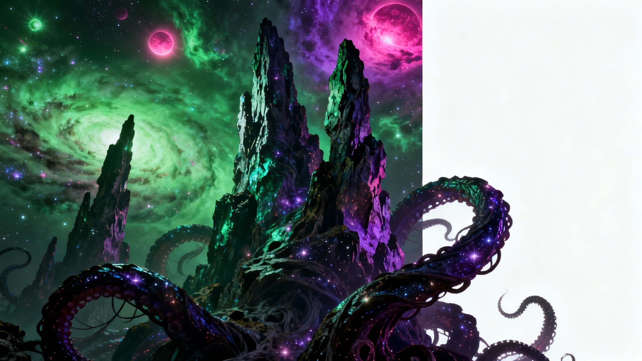 A terrifyingly beautiful eldritch horror background showing impossible architecture and giant tentacles floating in a cosmic nebula of green and purple.