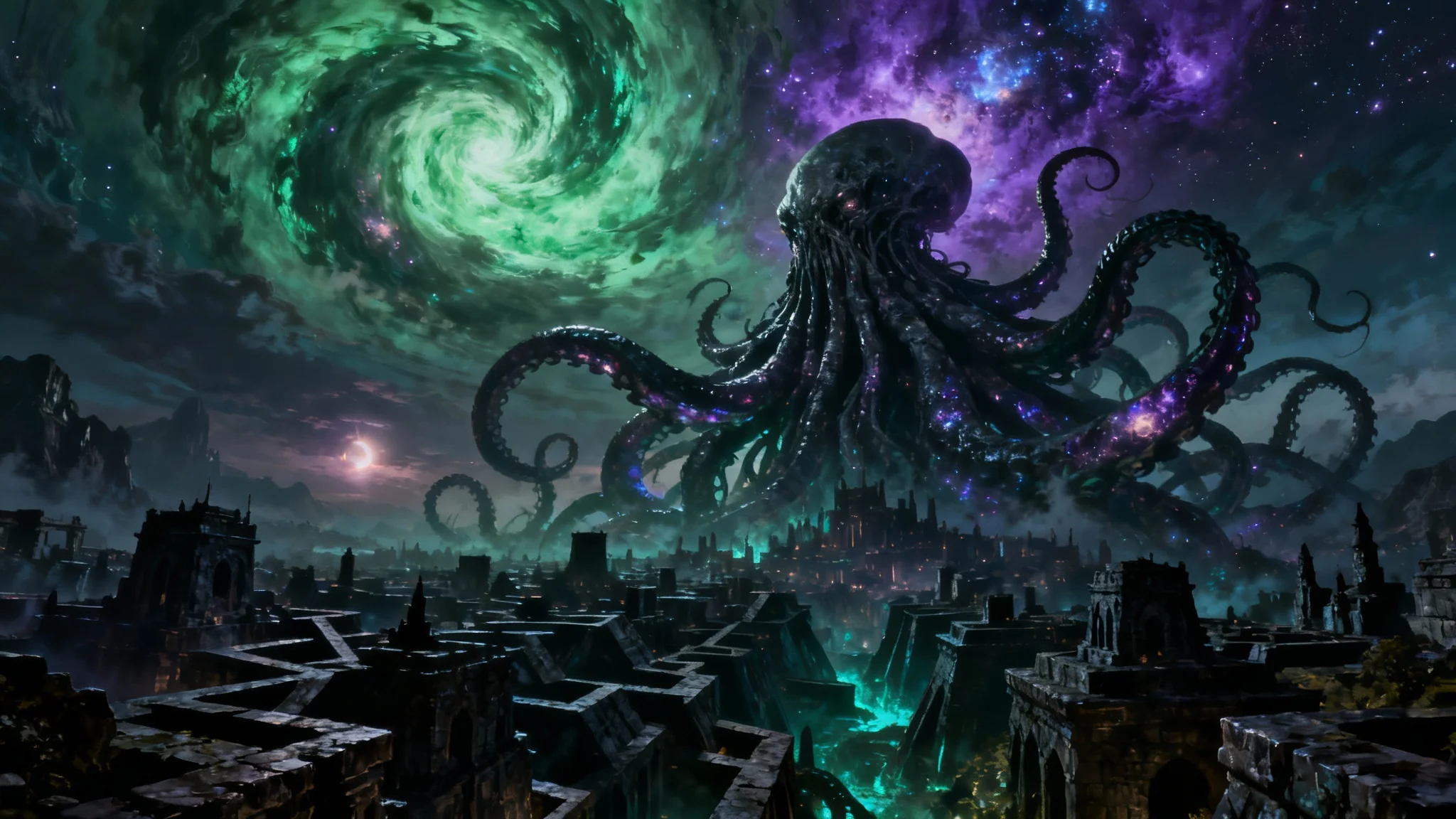 A dark and terrifying cosmic horror scene, with giant tentacles emerging from a swirling purple and green vortex in the sky above a city of impossible, angled architecture.