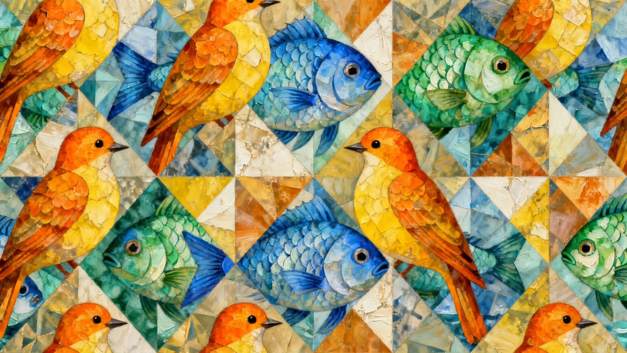 A beautiful and complex tessellation pattern, the final result of an art transformation, showing interlocking birds in warm colors and fish in cool colors that fit together perfectly.