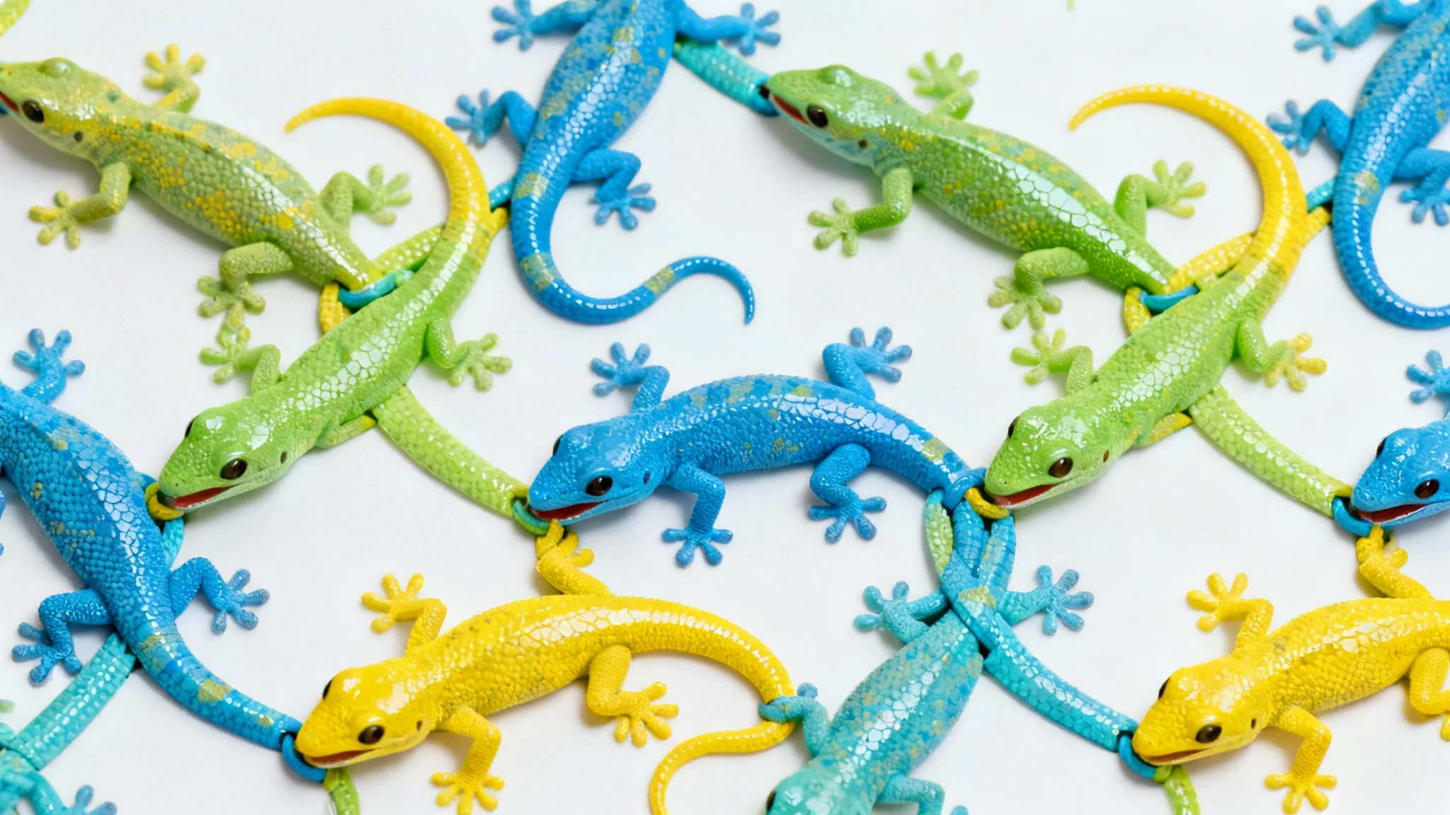 A close-up, top-down view of a colorful tessellation pattern made of interlocking geckos in blue, green, and yellow on a white background.
