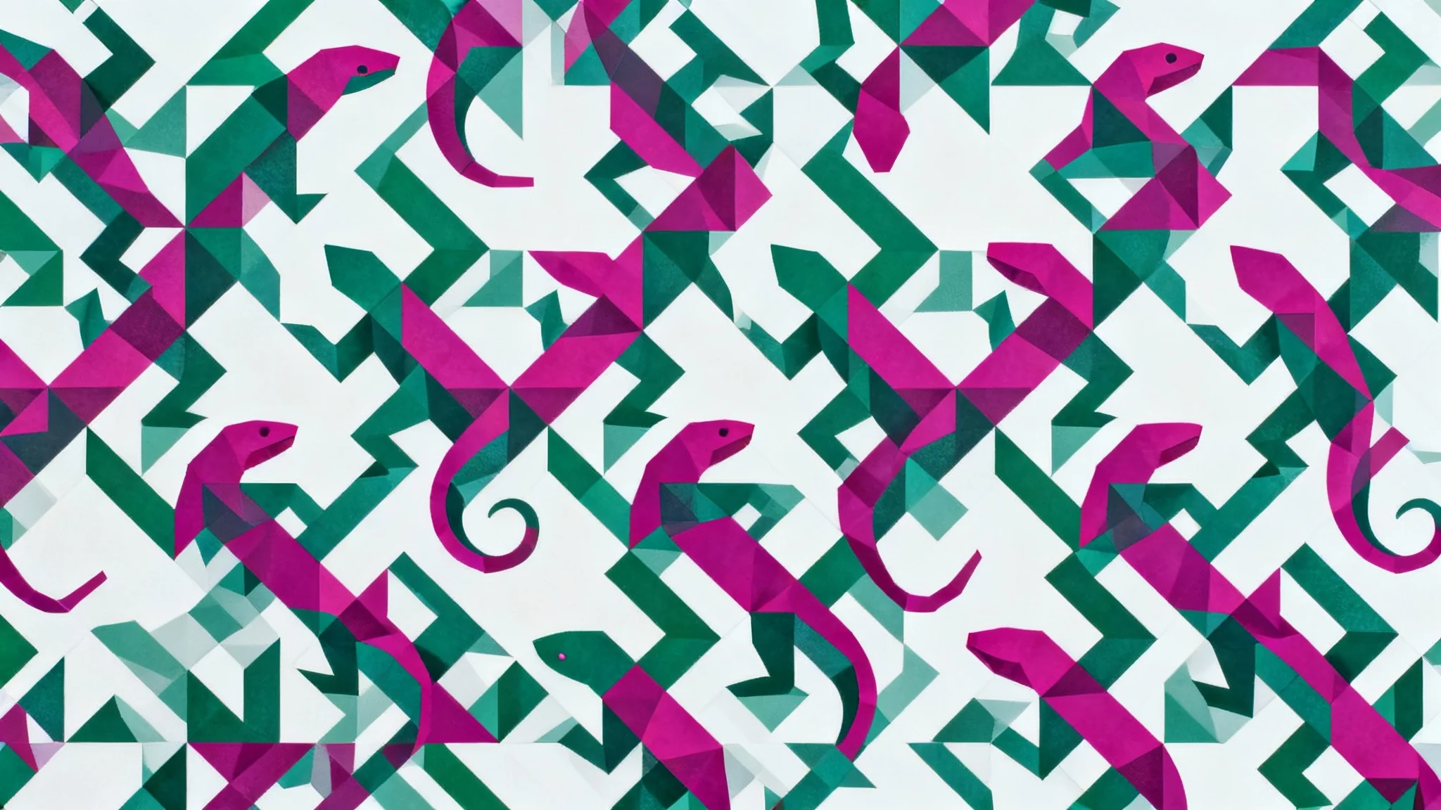 A colorful tessellation pattern of interlocking green and magenta geometric lizards on a clean white background, creating a seamless and repeating design.