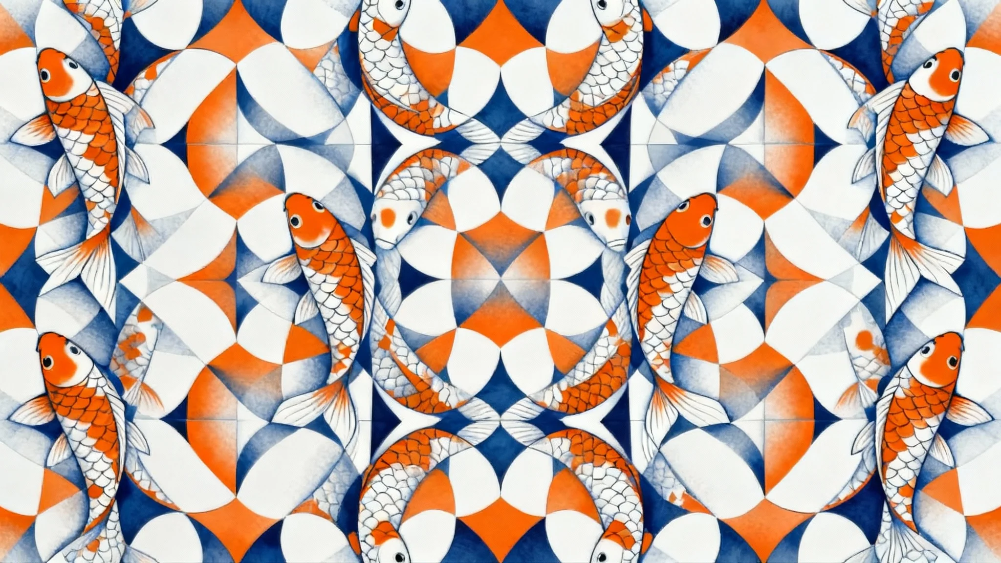 A vibrant and intricate tessellation pattern of interlocking koi fish in orange, white, and blue, set against a clean white background.