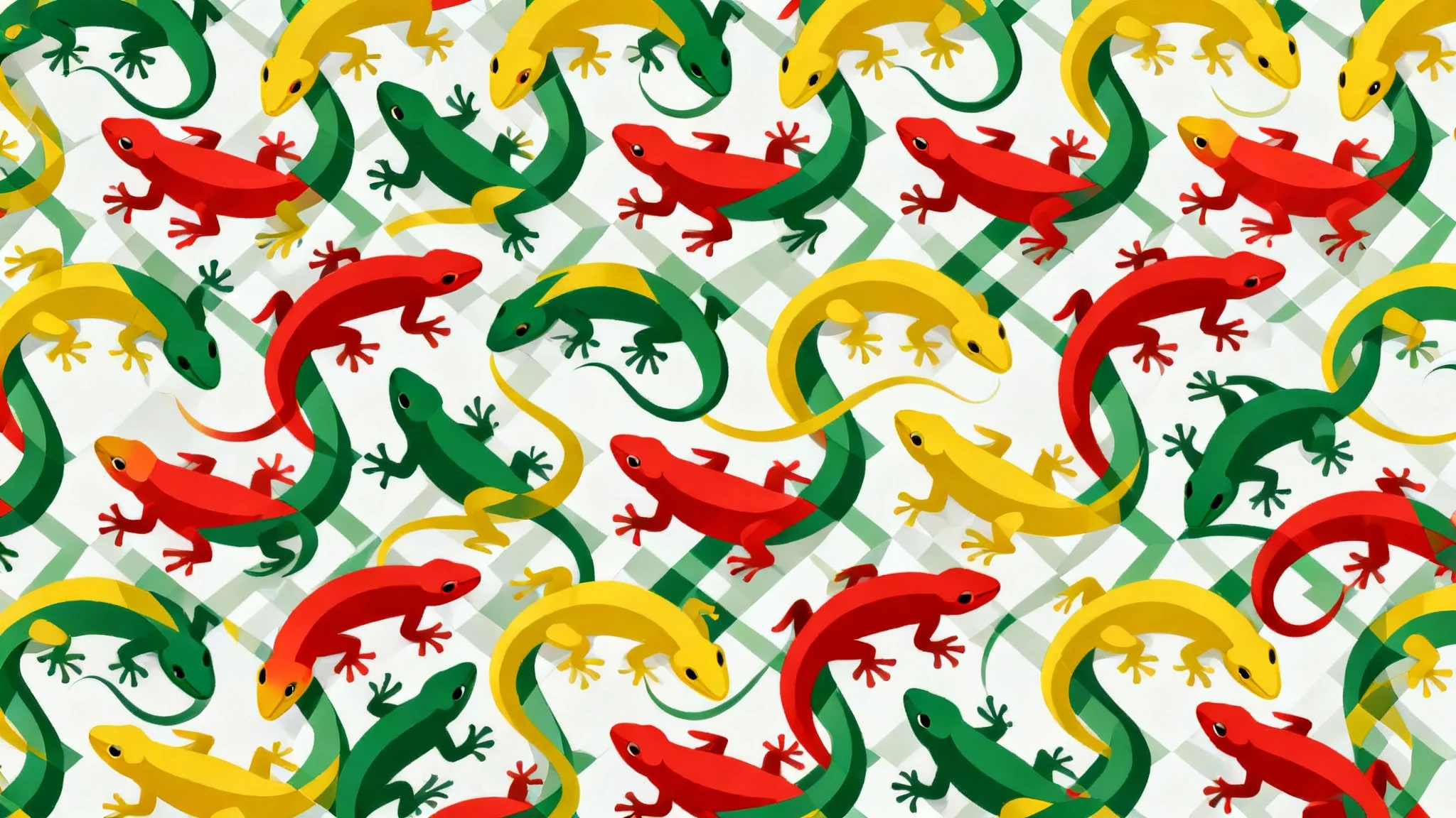 A colorful tessellation pattern featuring interlocking red, green, and yellow lizards in the style of M.C. Escher, on a clean white background.