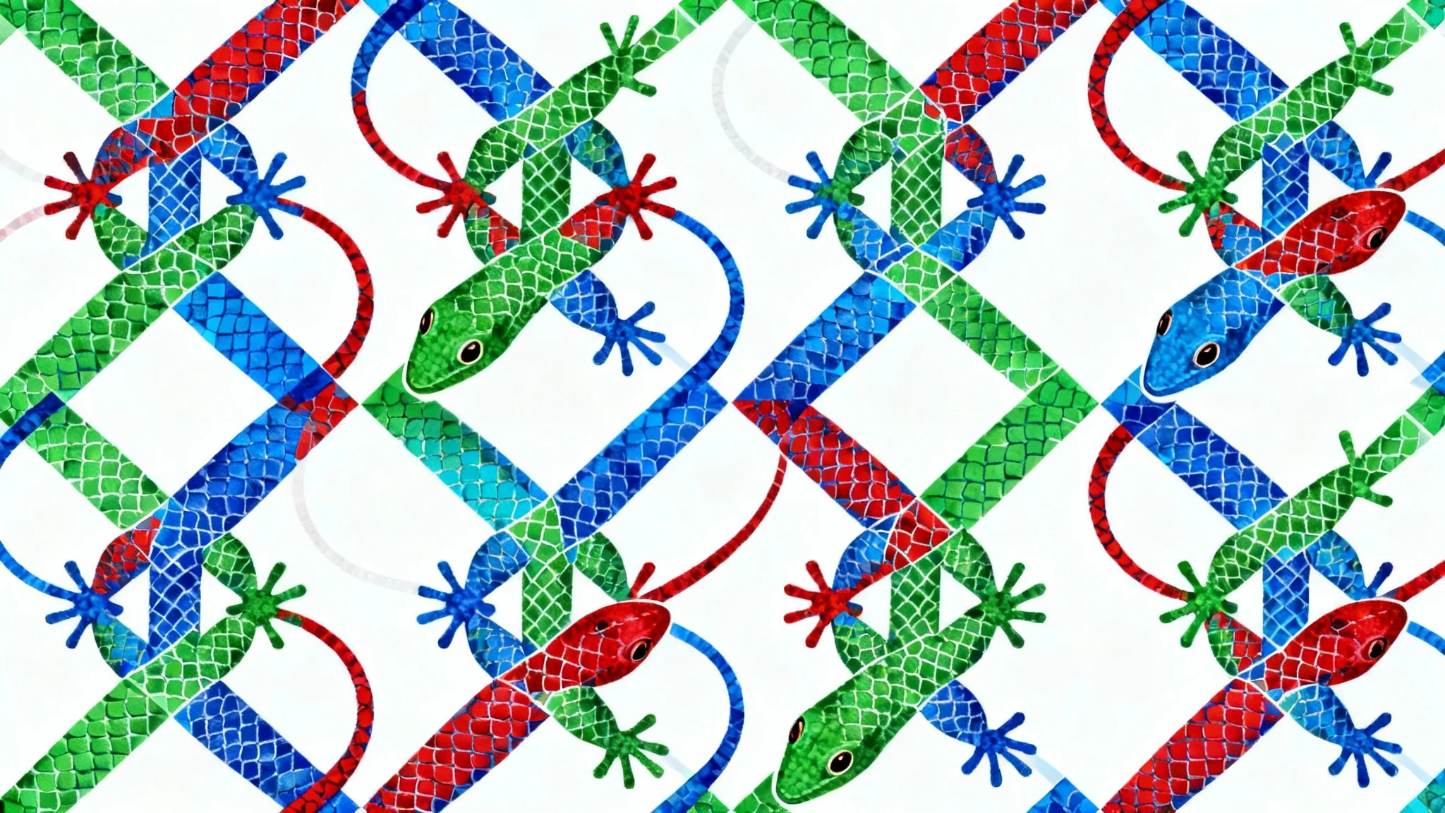A colorful and complex tessellation pattern of interlocking green, blue, and red lizards on a clean white background, demonstrating a seamless geometric design.