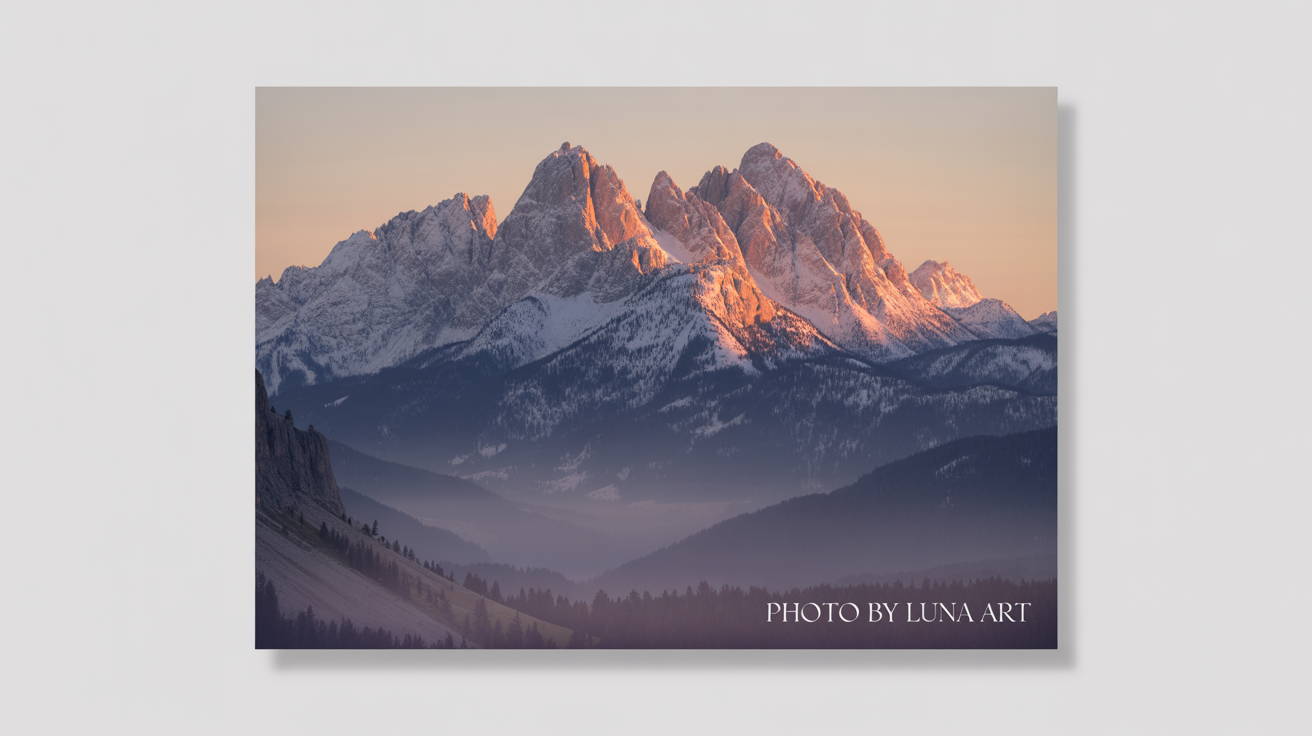 A professional landscape photograph of mountains at sunset, featuring a discreet text watermark in the corner that says 'Photo by Luna Art', presented as a mockup on a white background.