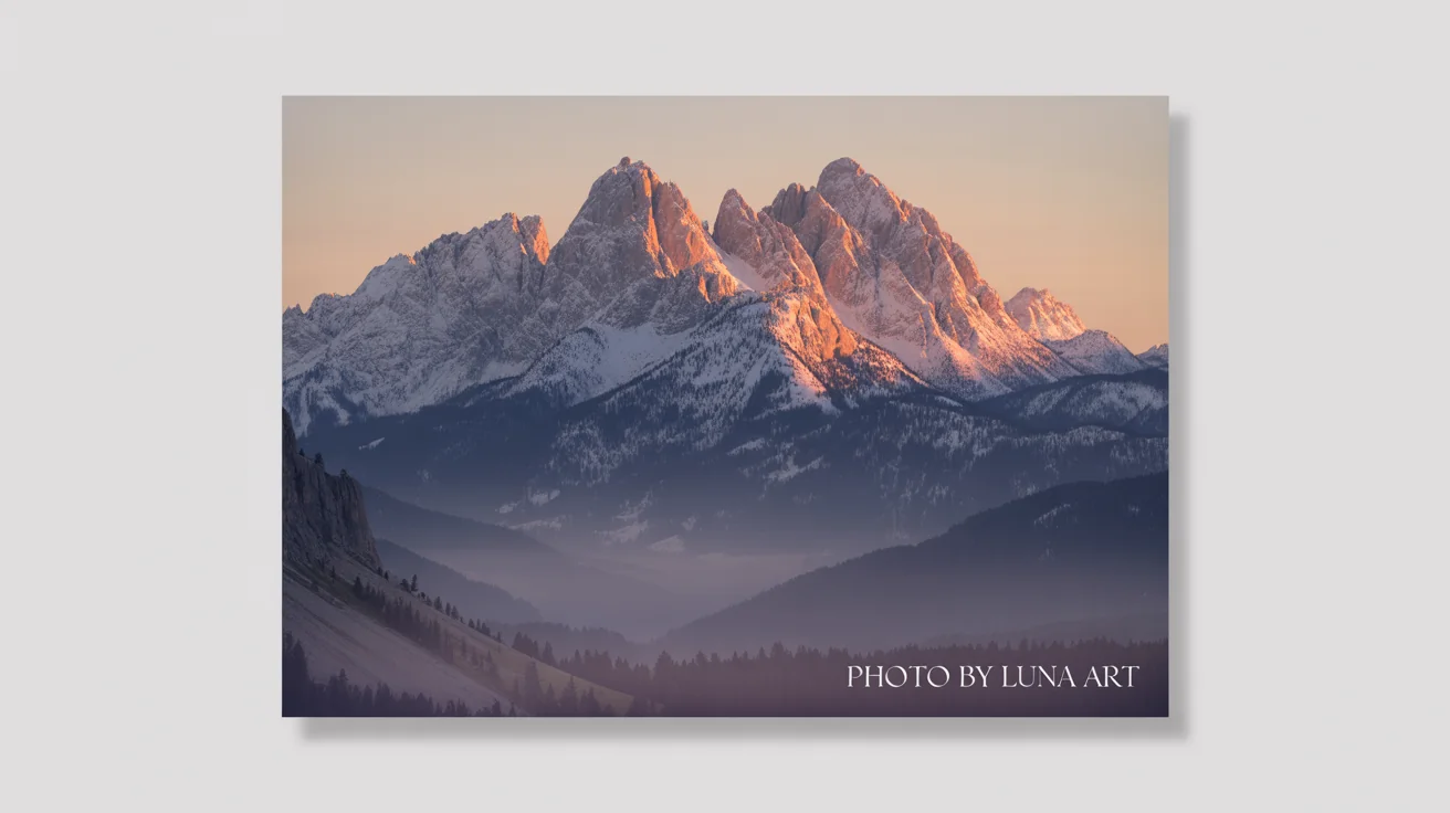 A professional landscape photograph of mountains at sunset, featuring a discreet text watermark in the corner that says 'Photo by Luna Art', presented as a mockup on a white background.