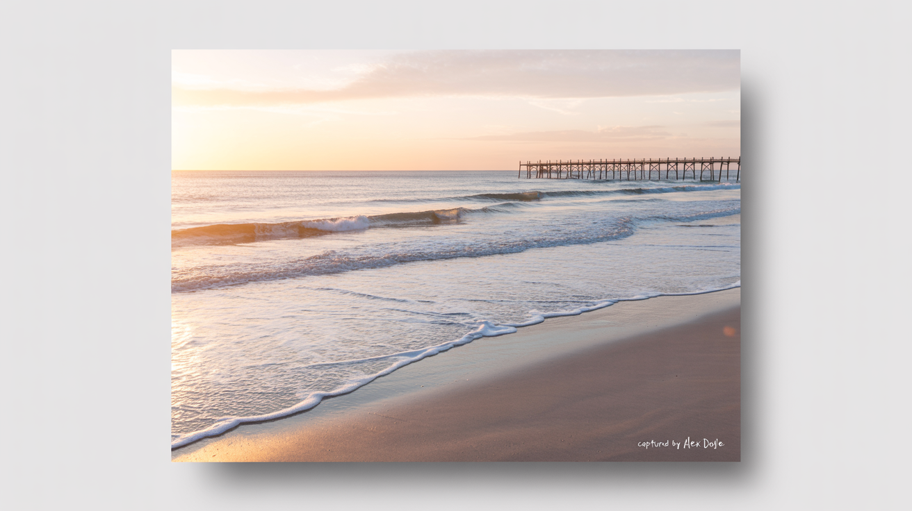 A high-quality photograph of a beach at sunrise, with a subtle text watermark in the corner that reads 'Captured by Alex Doyle', displayed against a white background.
