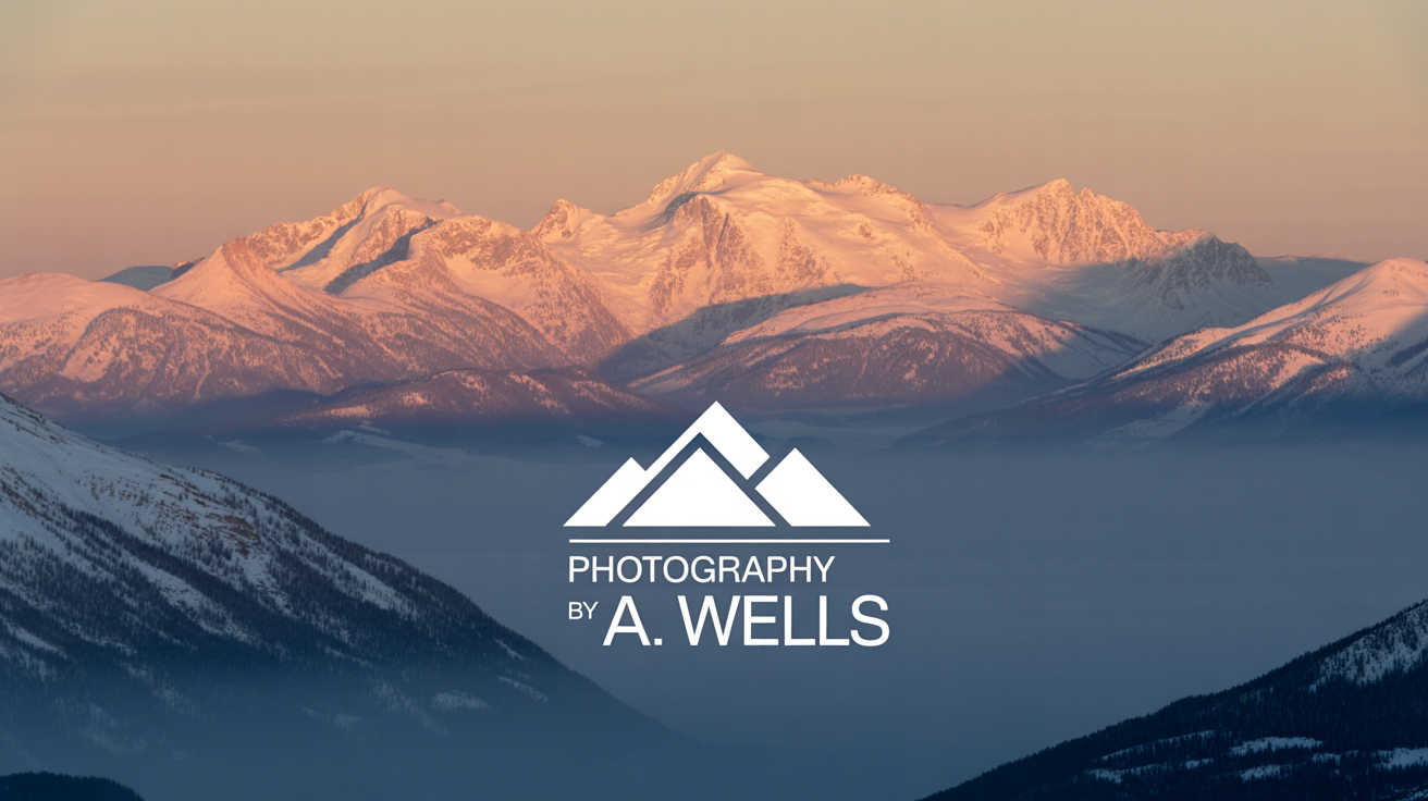 A professional photograph of a mountain range at sunset, featuring a subtle white watermark in the bottom-right corner that reads 'Photography by A. Wells'.