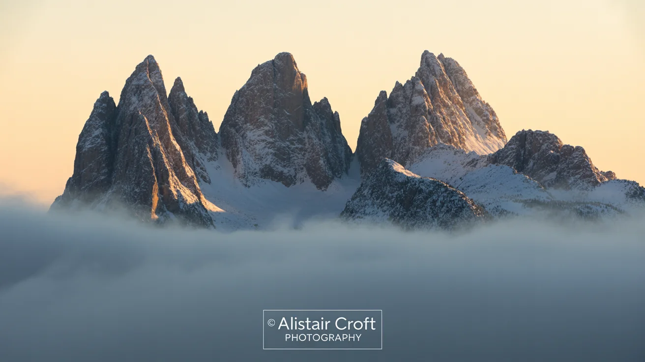 A professional photograph of a mountain range at sunrise, displayed as a mockup on a white background, with a watermark in the bottom right corner reading '© Alistair Croft Photography'.