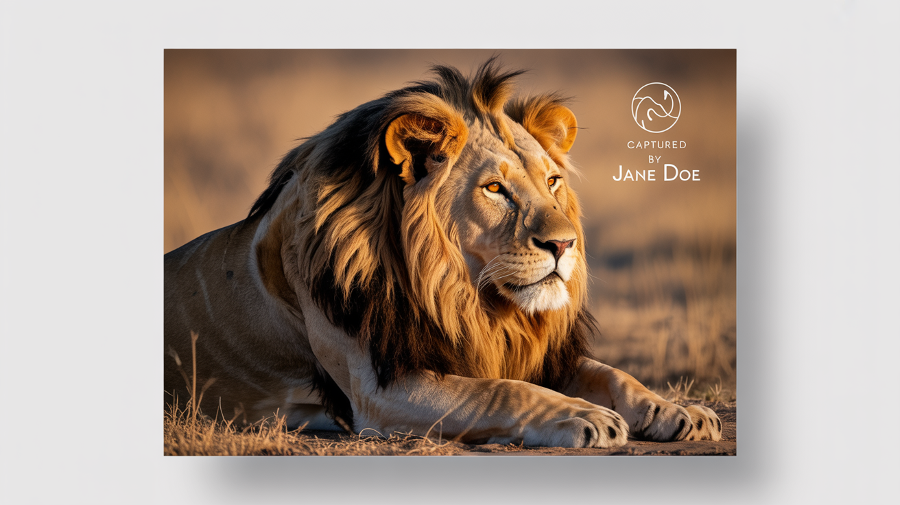 A professional photograph of a lion in the savanna at sunset, with a watermark in the bottom-right corner that reads 'Captured by Jane Doe'.