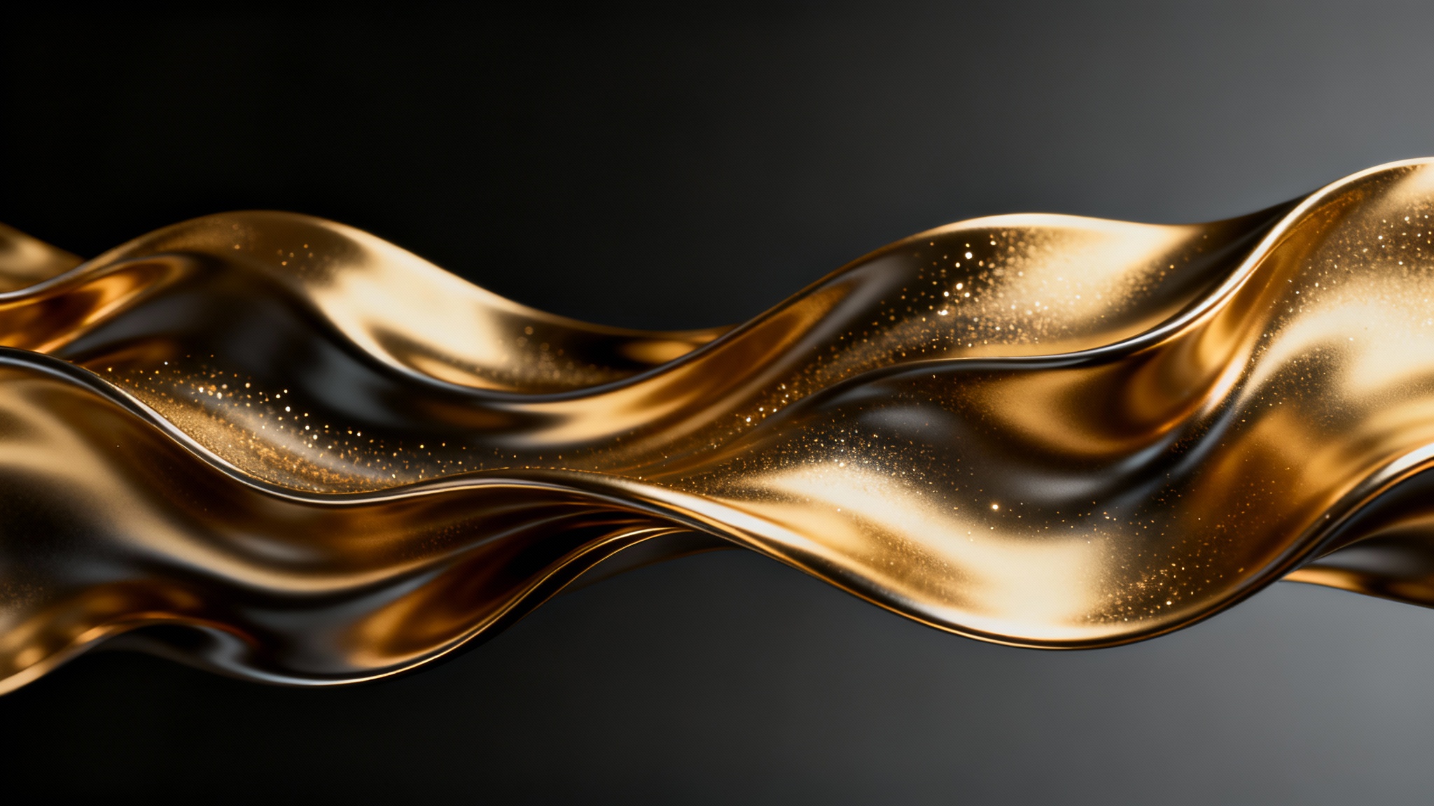 A high-resolution abstract background with elegant, swirling patterns of liquid gold flowing across a dark gray and black gradient backdrop.