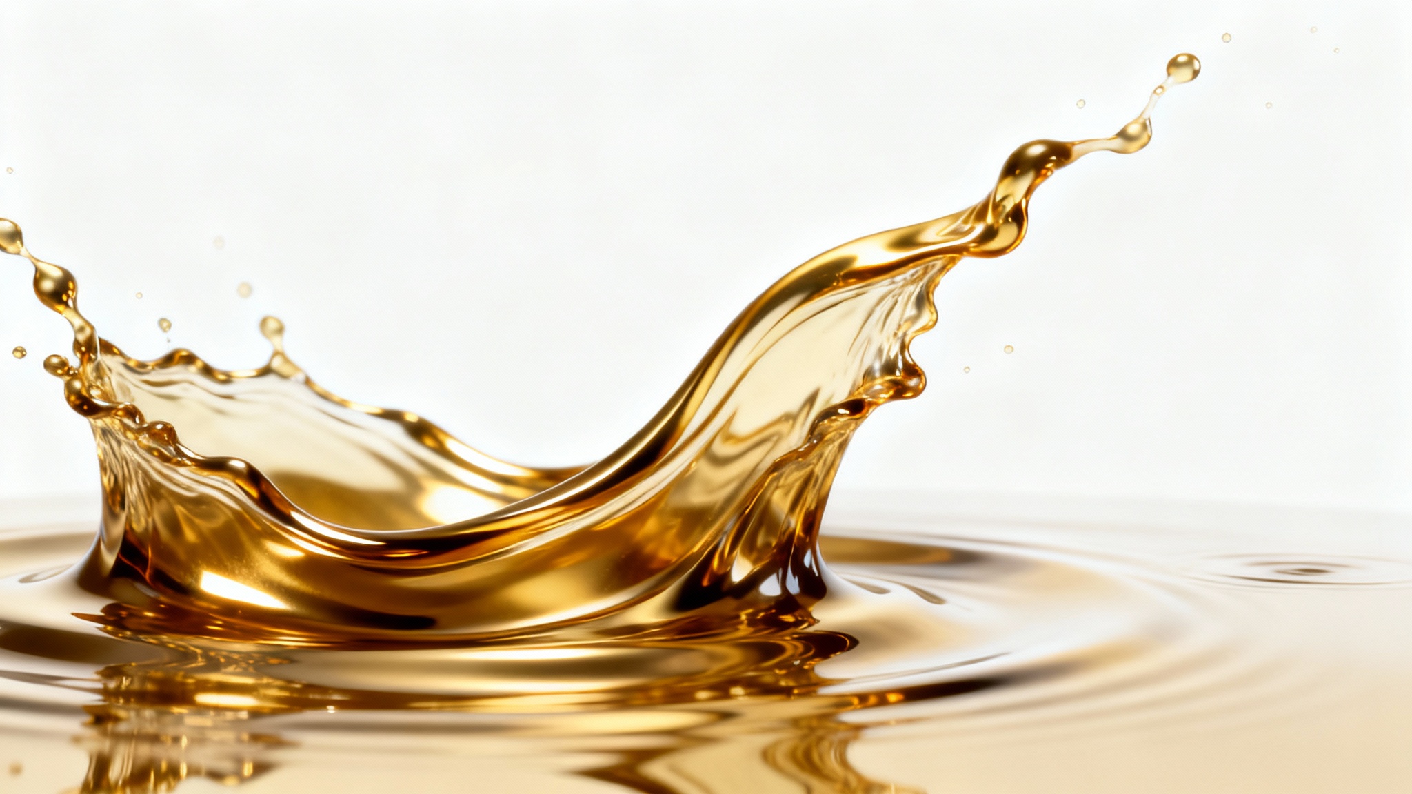 An abstract image of swirling liquid gold with a metallic texture, set against a clean white background, creating a sense of luxury and elegance.