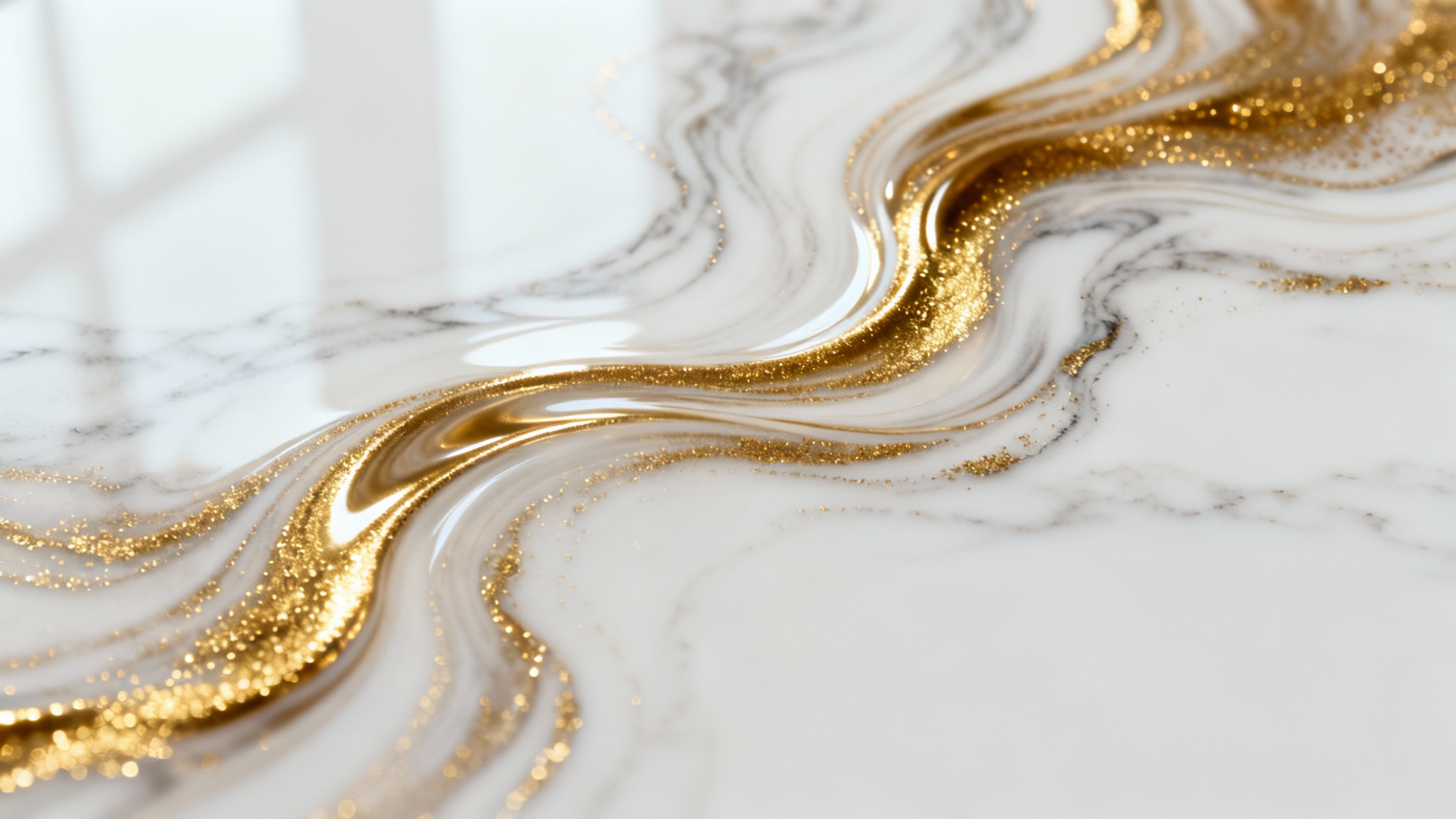 An elegant abstract background with dynamic swirls of liquid gold and shimmering gold dust on a clean white surface.