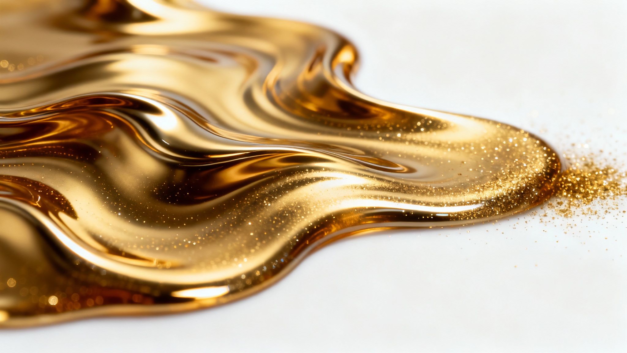 An elegant abstract background with flowing, molten gold textures and sparkling highlights, creating a luxurious and dynamic feel.