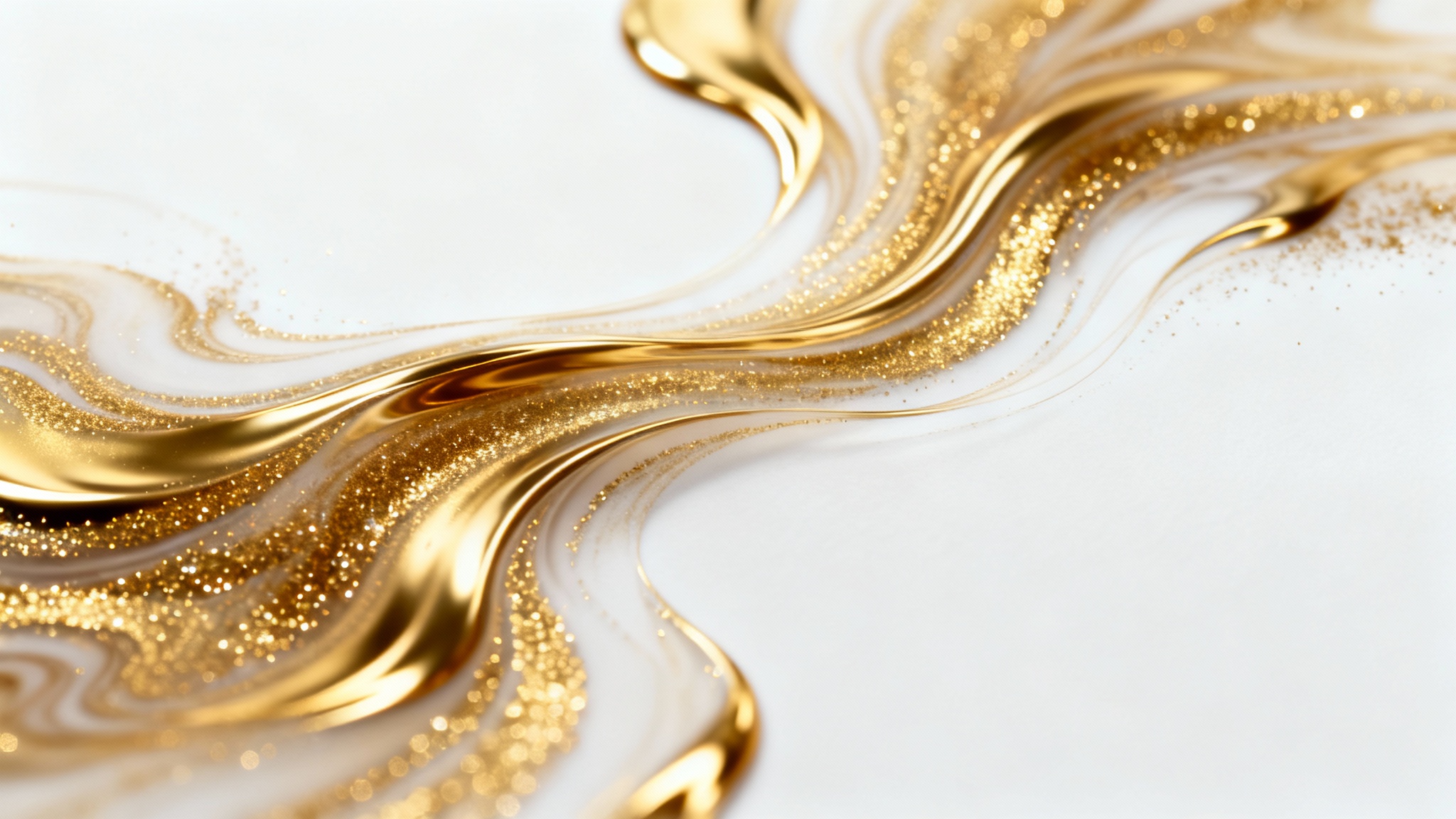 An elegant abstract background image with swirls of liquid gold and glittering particles flowing across a clean white surface.