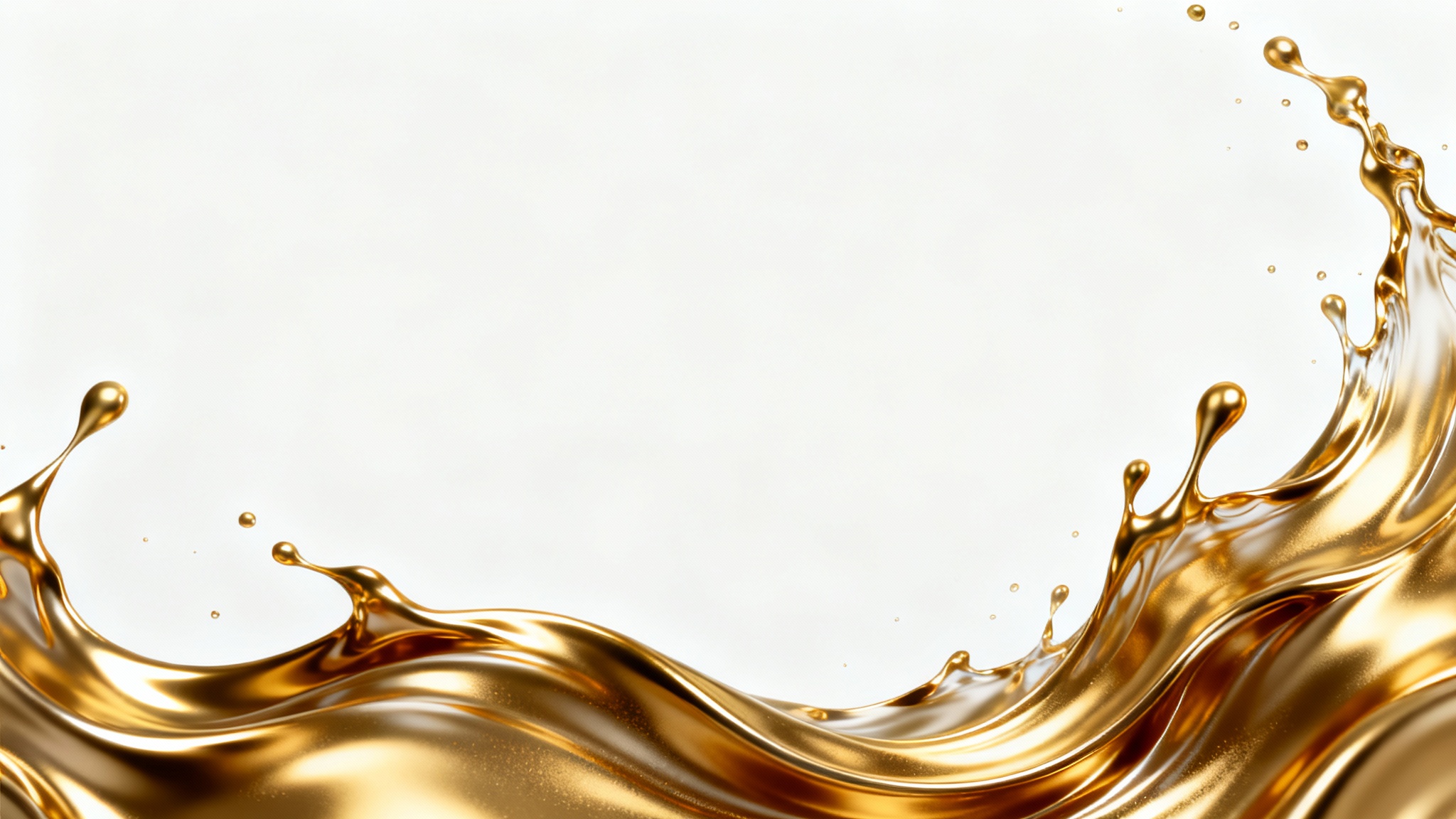 An elegant abstract design of flowing, molten gold swirls and splashes on a clean white background, symbolizing luxury and modern sophistication.