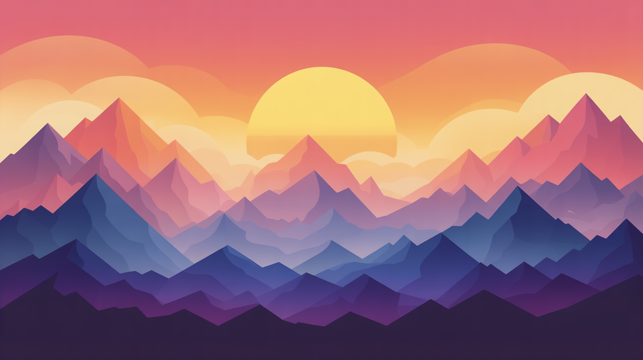 A minimalist desktop wallpaper featuring layered purple mountains and a setting sun against a pink and orange gradient sky.