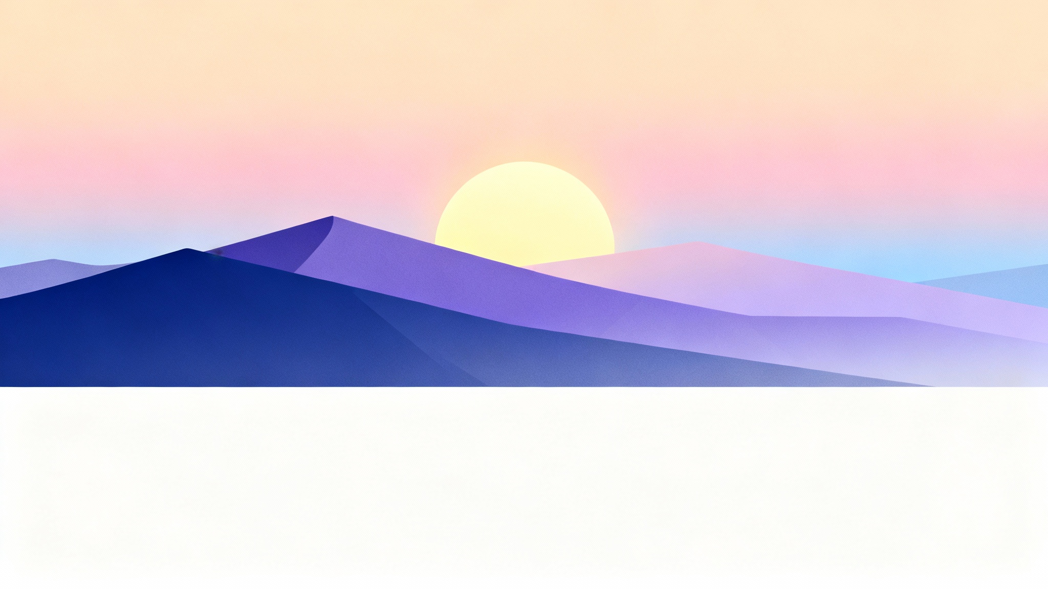 A minimalist wallpaper design featuring a serene mountain range with a large, setting sun, illustrated in a flat, modern style with a pastel color palette.