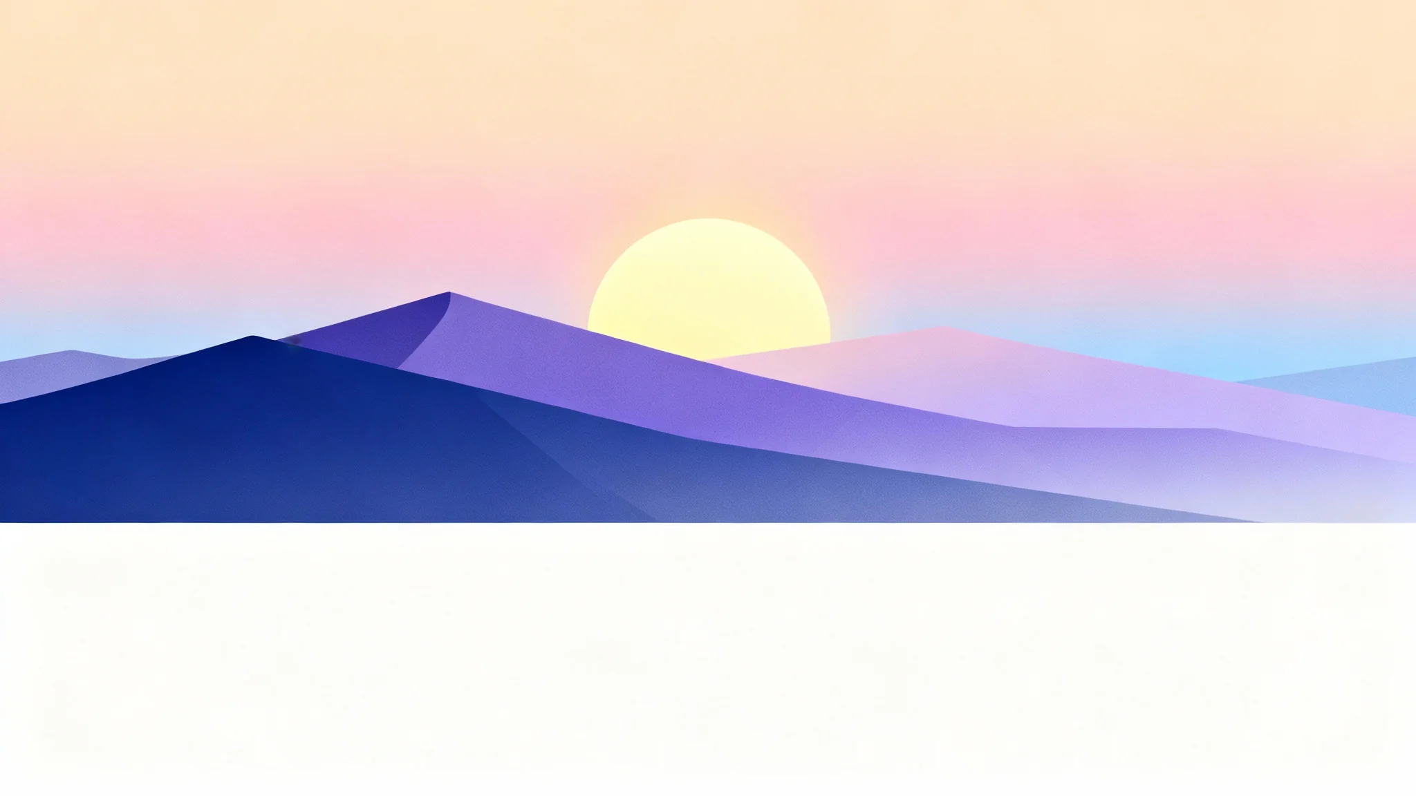 A minimalist wallpaper design featuring a serene mountain range with a large, setting sun, illustrated in a flat, modern style with a pastel color palette.