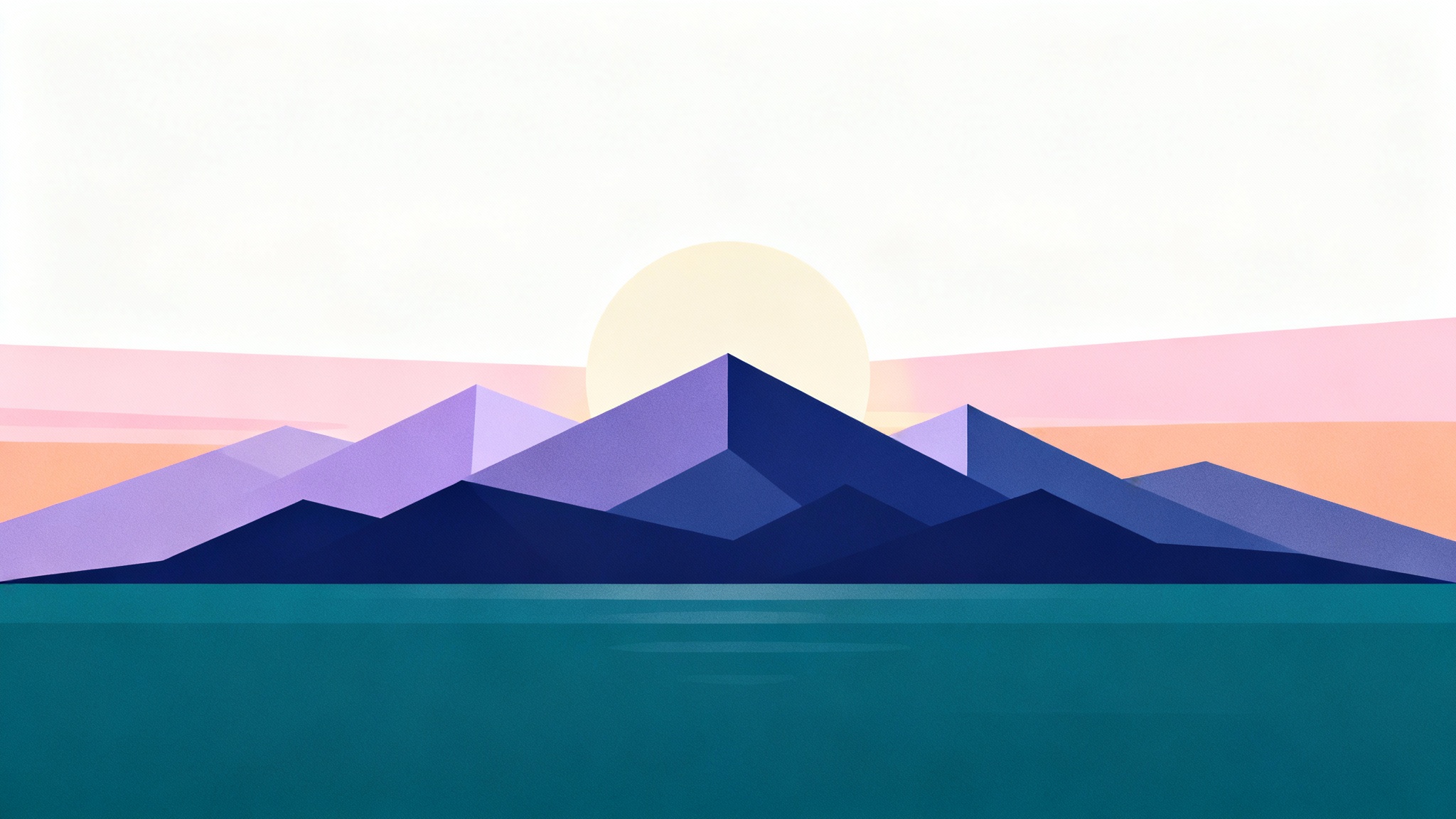 A minimalist digital wallpaper depicting a stylized mountain range in purple and indigo tones, with a large, pale sun setting in a pink sky, all in a clean, flat vector art style.