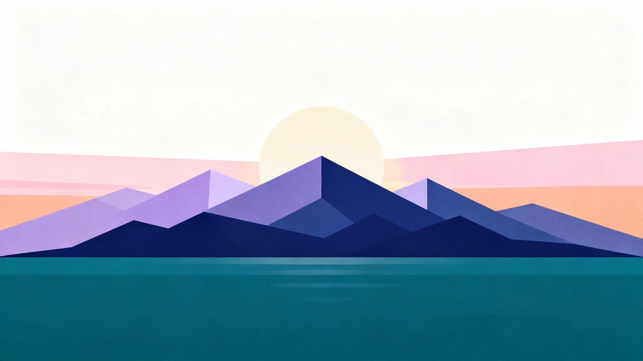 A minimalist digital wallpaper depicting a stylized mountain range in purple and indigo tones, with a large, pale sun setting in a pink sky, all in a clean, flat vector art style.