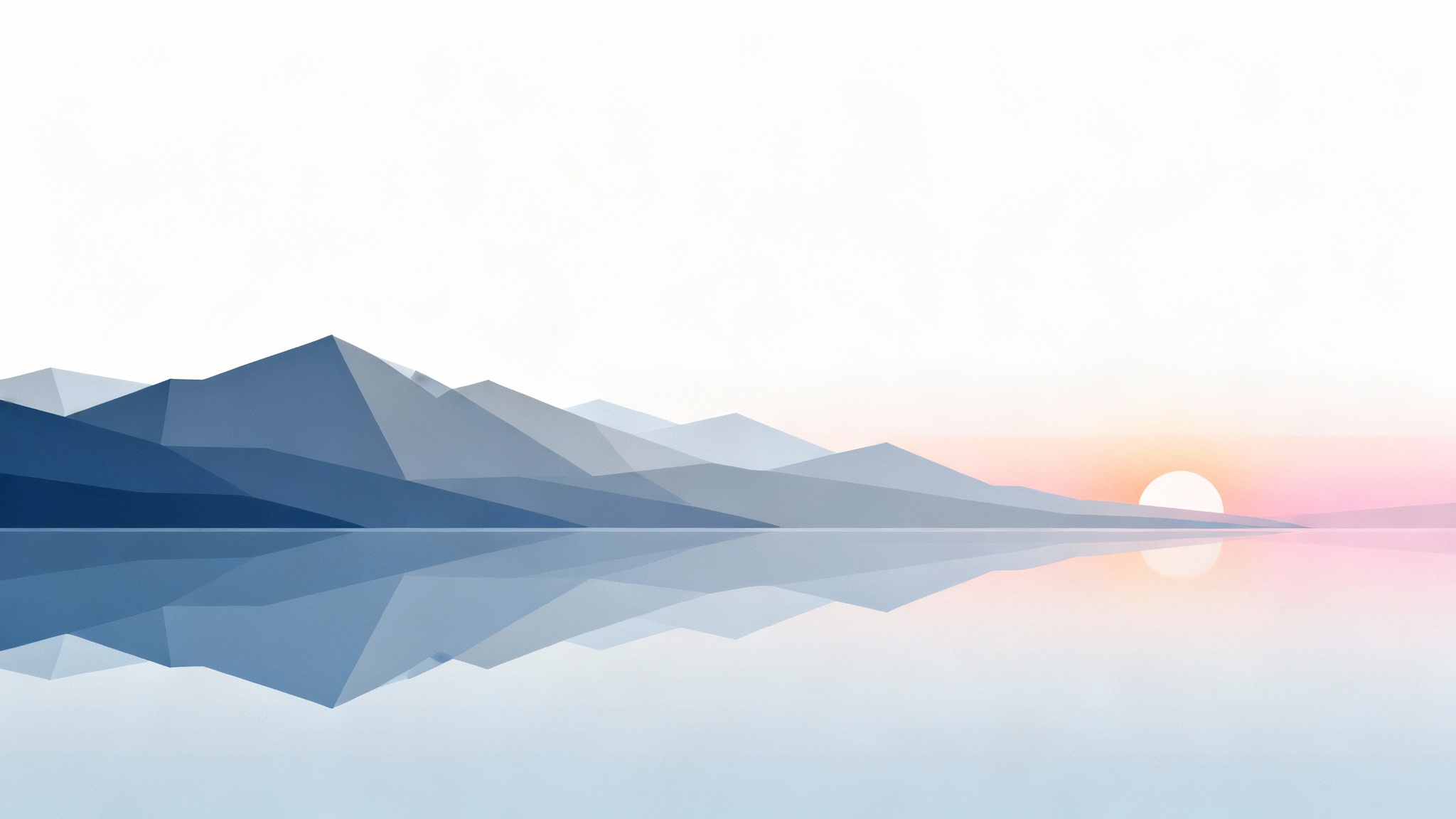 A minimalist digital art wallpaper of a serene mountain landscape. Stylized mountains in muted blue and gray are reflected in a calm lake under a soft sunrise sky.