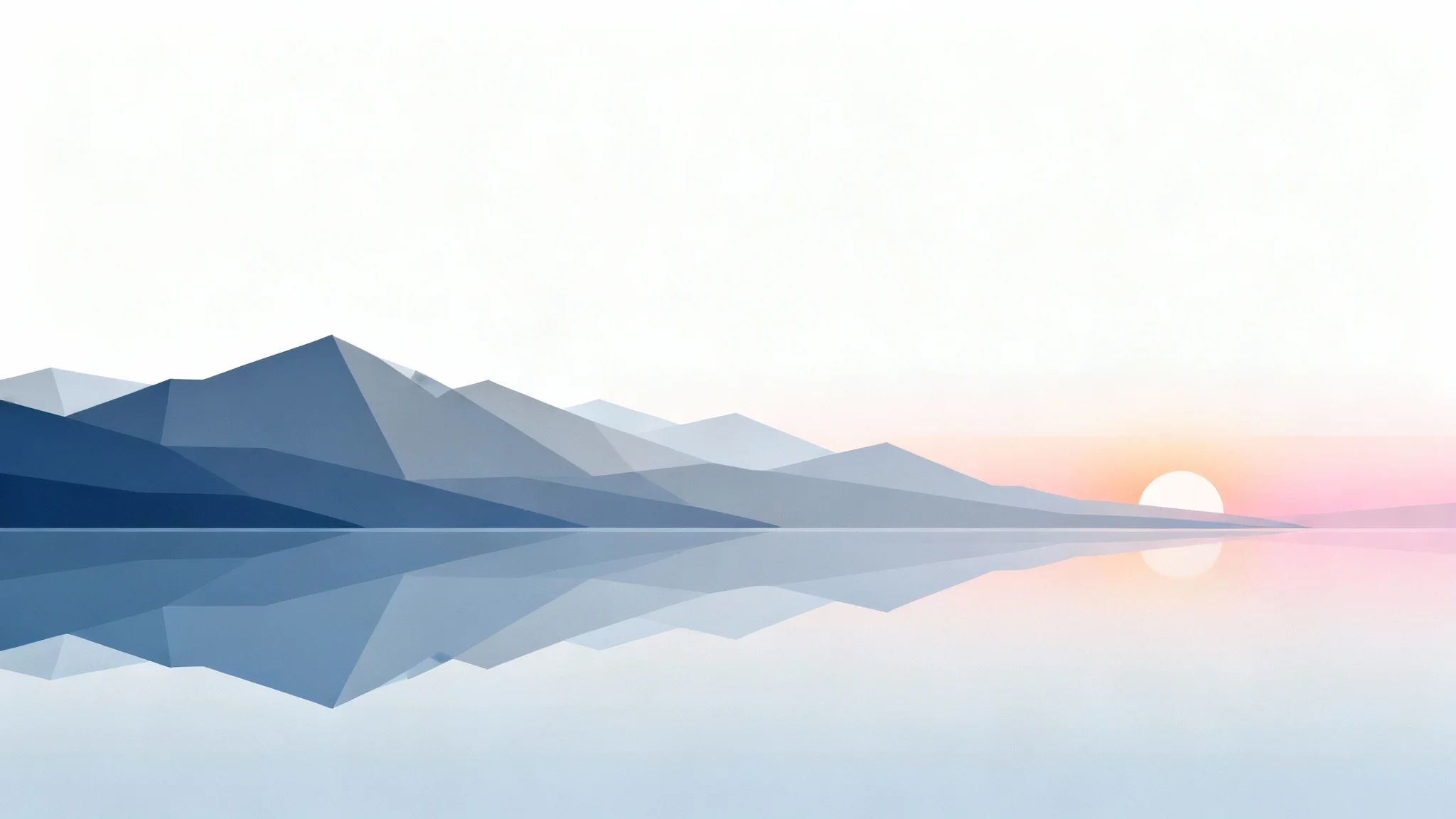 A minimalist digital art wallpaper of a serene mountain landscape. Stylized mountains in muted blue and gray are reflected in a calm lake under a soft sunrise sky.