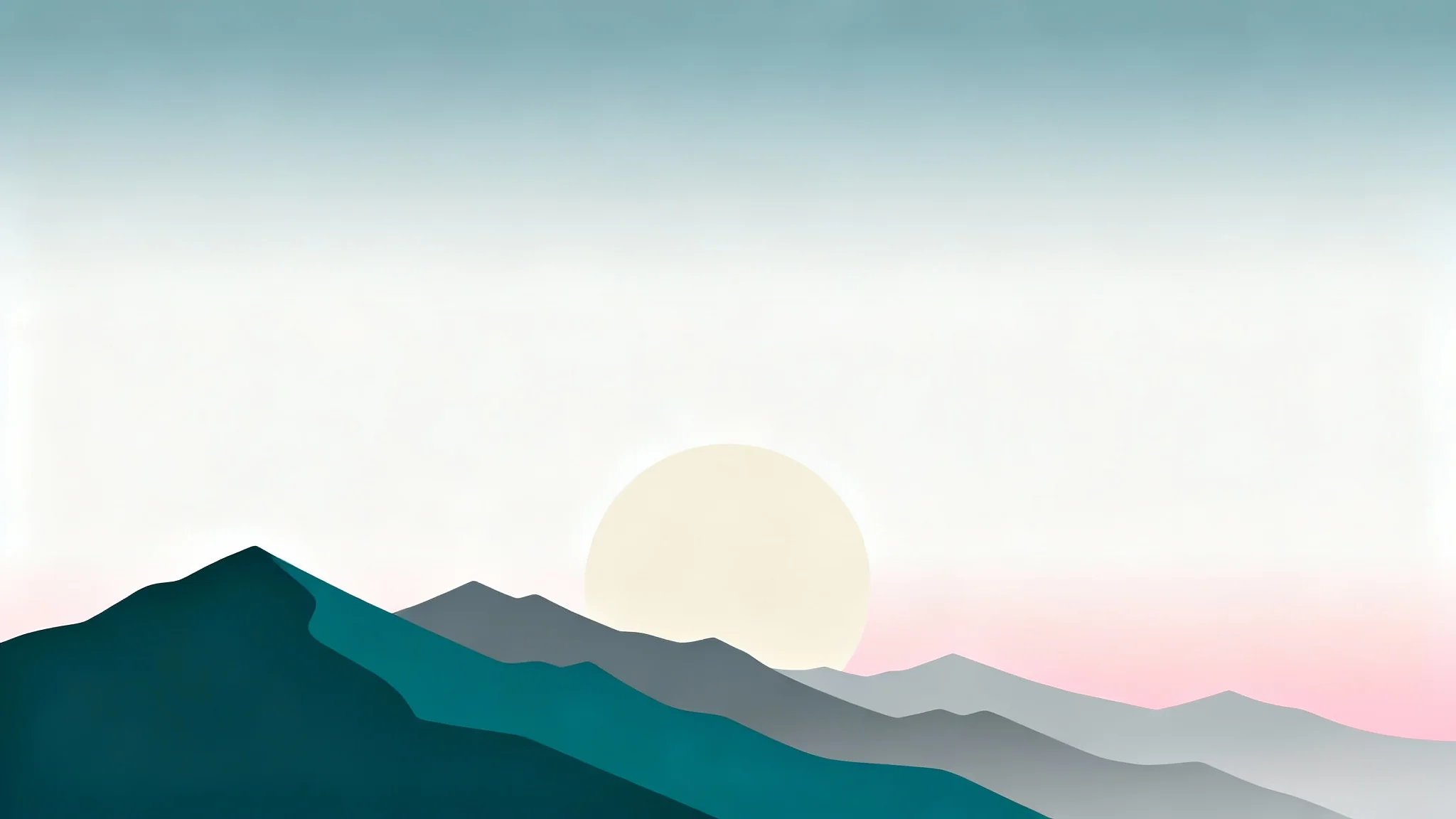 A minimalist digital art wallpaper depicting a serene mountain landscape. Featuring layered mountain silhouettes, a large pale moon, and a pastel gradient sky in a clean, modern style.