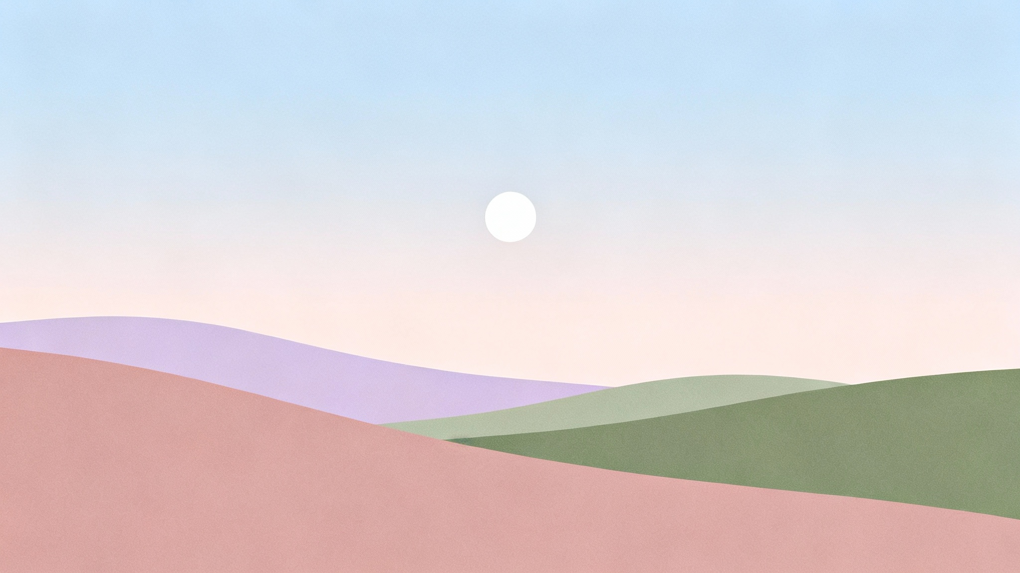A minimalist landscape wallpaper design showing rolling hills in soft pastel colors under a gradient sky with a small white moon, evoking a sense of calm and serenity.