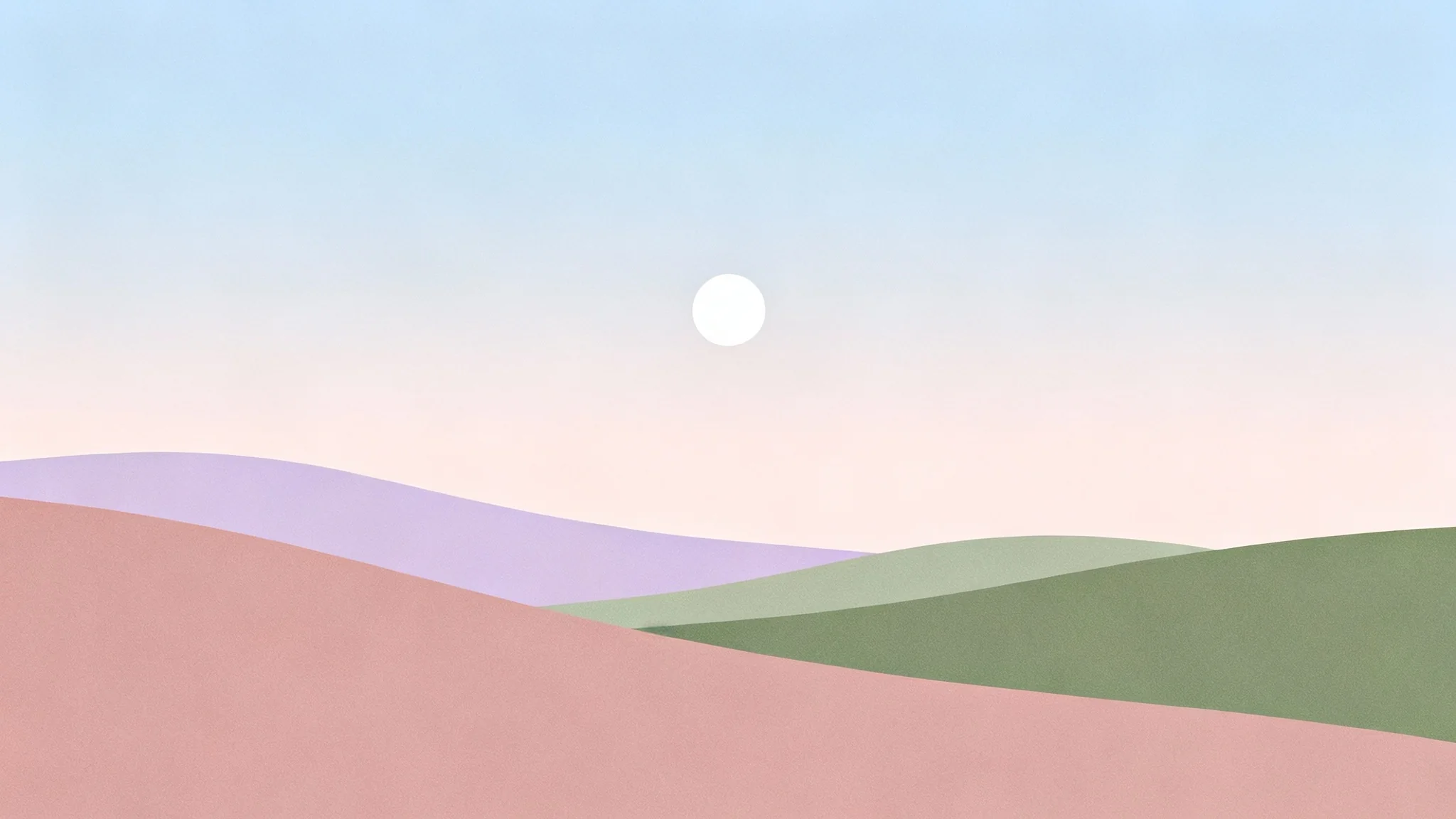 A minimalist landscape wallpaper design showing rolling hills in soft pastel colors under a gradient sky with a small white moon, evoking a sense of calm and serenity.