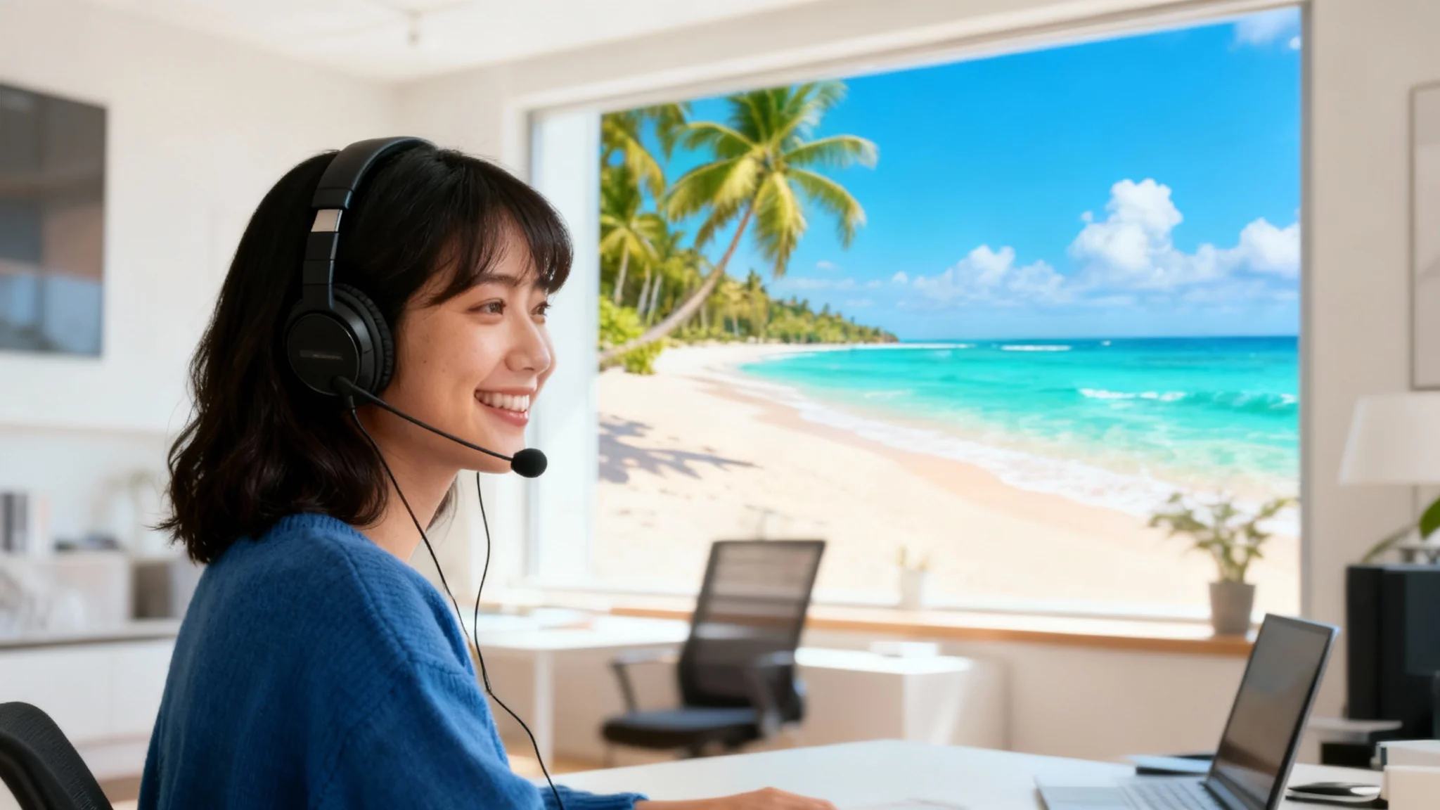 A woman on a video call using a high-quality virtual background of a stylish home office overlooking a tropical beach.