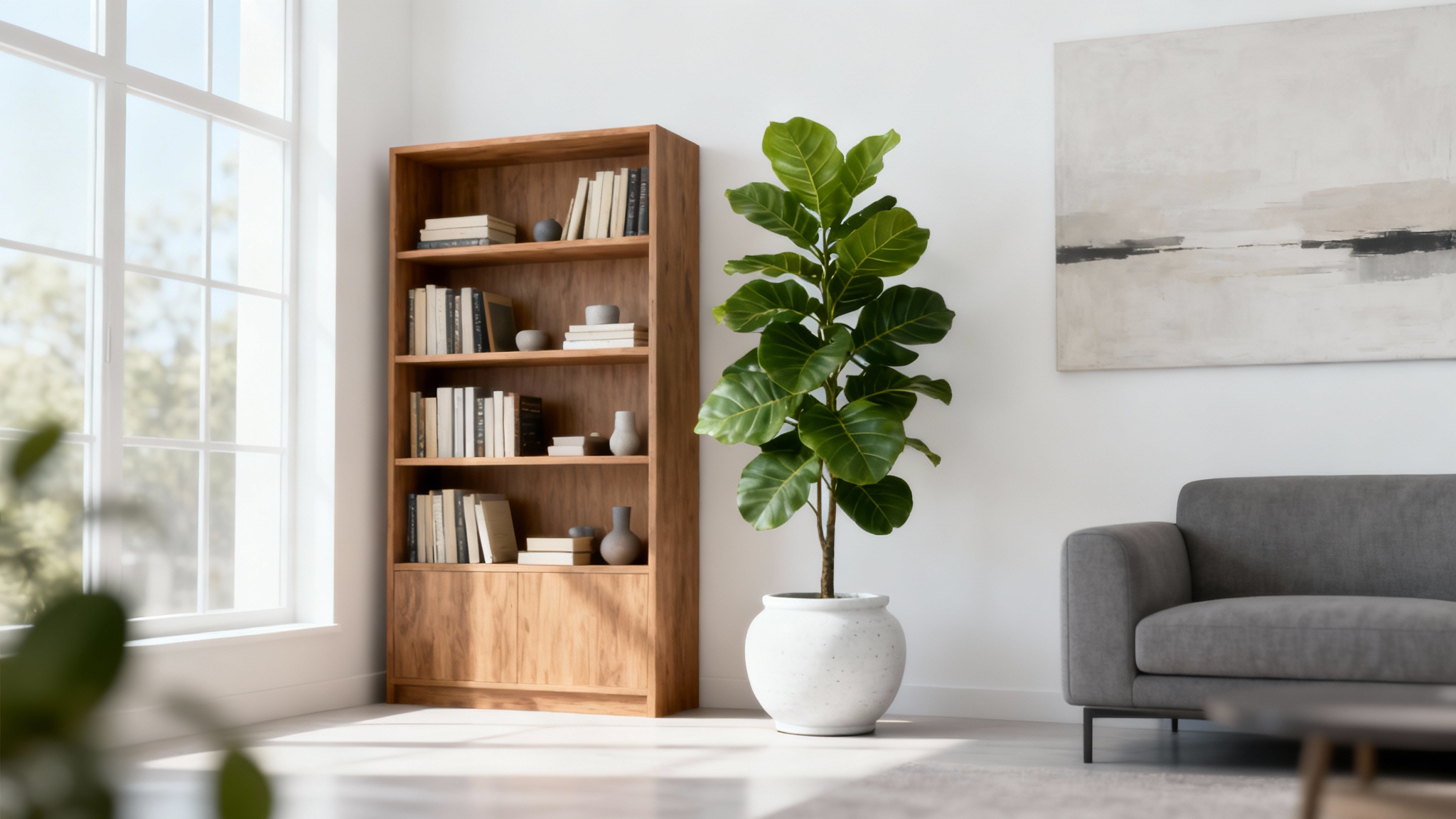 A photorealistic image of a modern and stylish living room, perfect for a professional Google Meet background, featuring a bookshelf, a large plant, and a sofa.