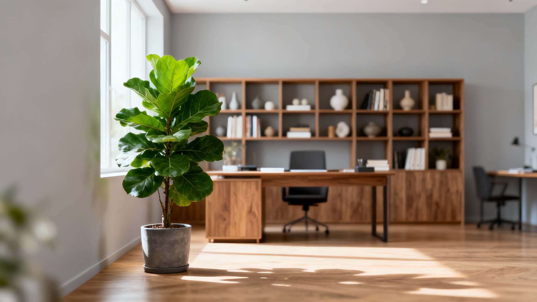 A photorealistic virtual background depicting a modern, sunlit home office with a minimalist bookshelf and a large green plant, creating a professional and clean aesthetic.
