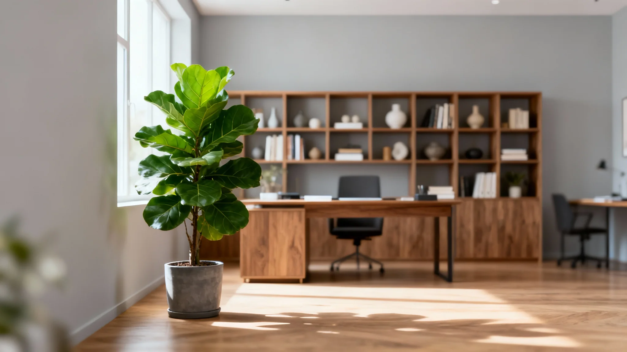 A photorealistic virtual background depicting a modern, sunlit home office with a minimalist bookshelf and a large green plant, creating a professional and clean aesthetic.