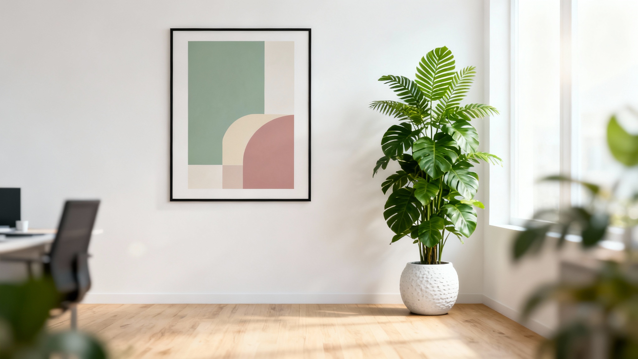 A stylish and professional virtual background for Google Meet, showing a modern home office with abstract art and a large potted plant.