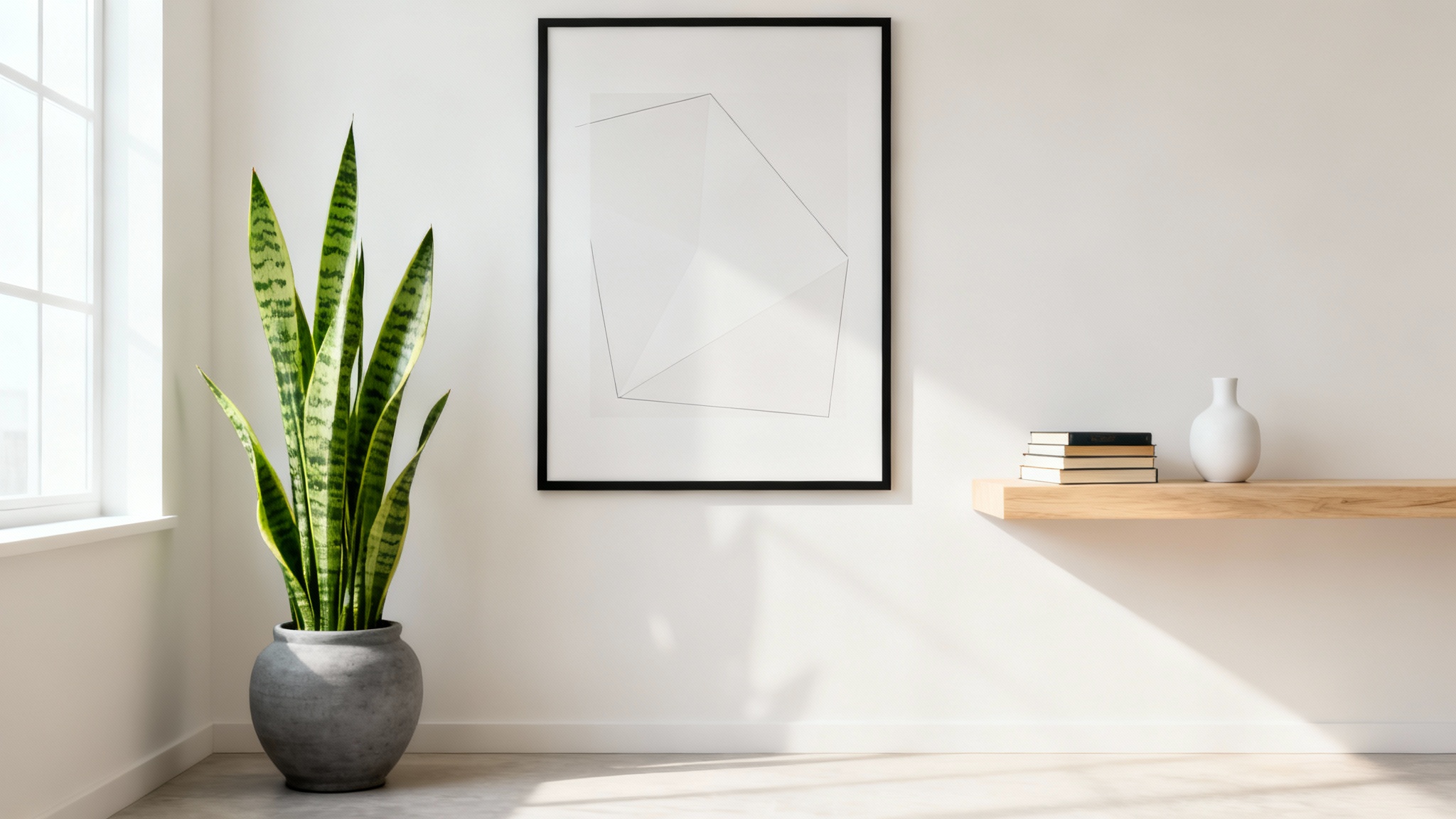 An example of a Google Meet background showing a clean, modern home office with a minimalist art print, a potted snake plant, and a neatly organized floating shelf.