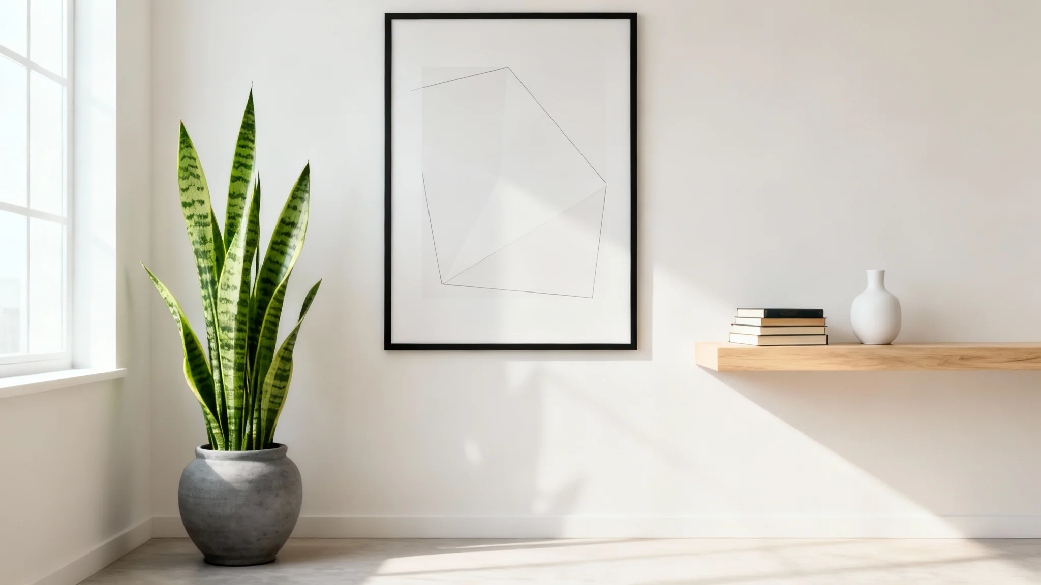 An example of a Google Meet background showing a clean, modern home office with a minimalist art print, a potted snake plant, and a neatly organized floating shelf.