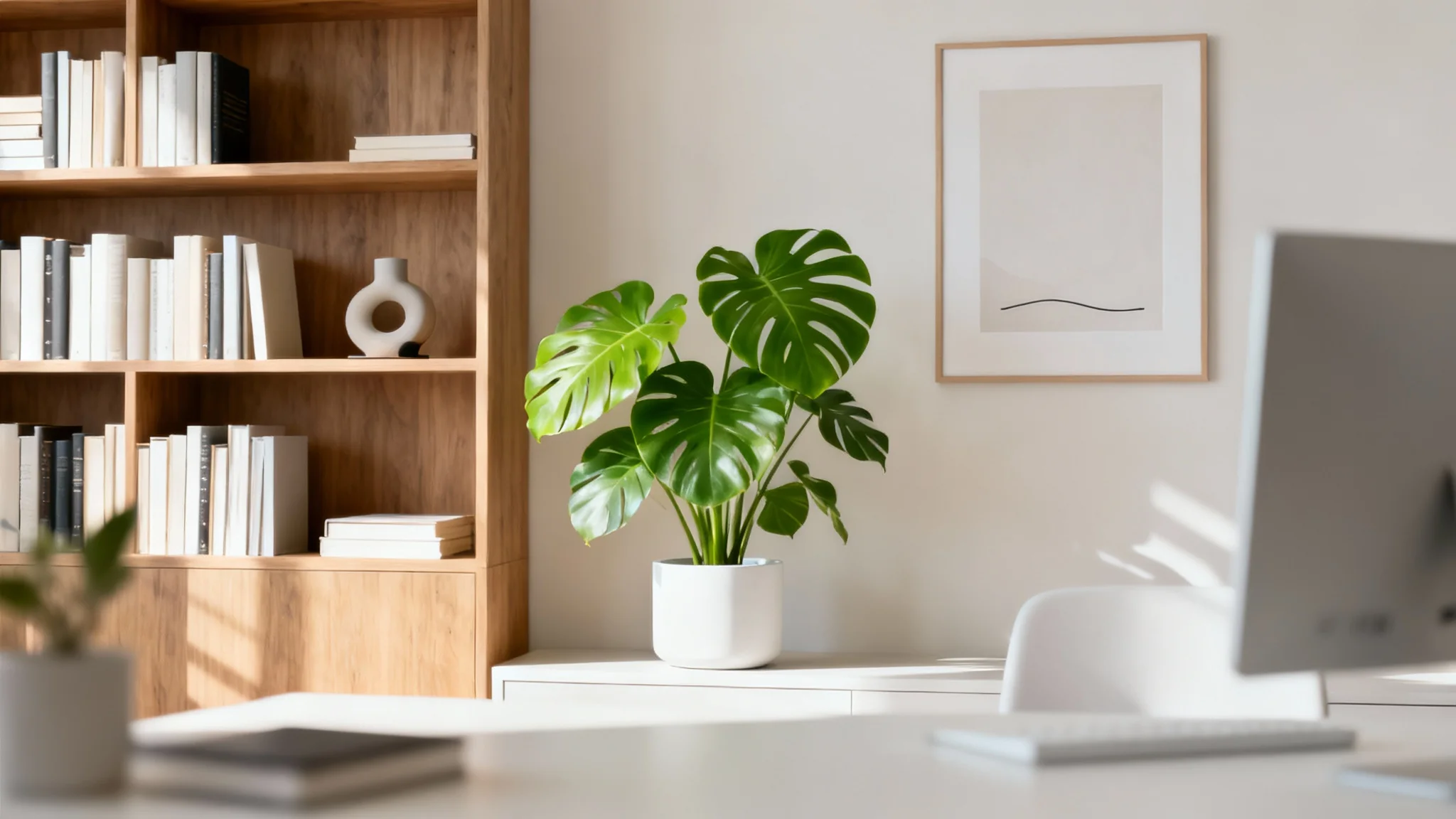 A modern, minimalist home office with a bookshelf, a large green plant, and a piece of abstract art, presented as a professional virtual background for video calls.