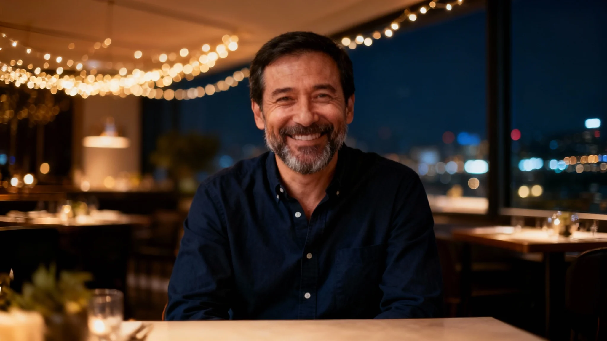 A professional, high-quality portrait of a smiling middle-aged man in a blue shirt, seated in a modern, upscale restaurant with a beautifully blurred, warmly lit background. Aspect ratio 16:9.