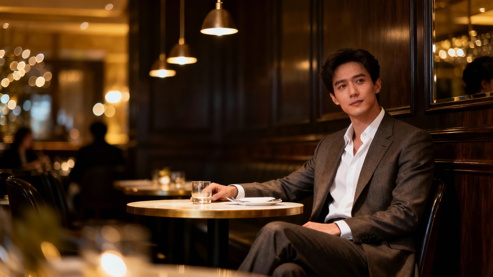 A professional portrait of a person sitting in a warmly lit, upscale restaurant. The background is softly blurred, creating a sophisticated and inviting mood.