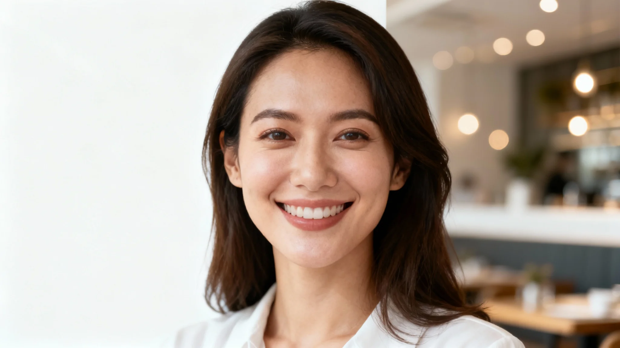 A professional portrait of a smiling woman in a business casual outfit, with the soft-focus background of a modern, brightly-lit restaurant.