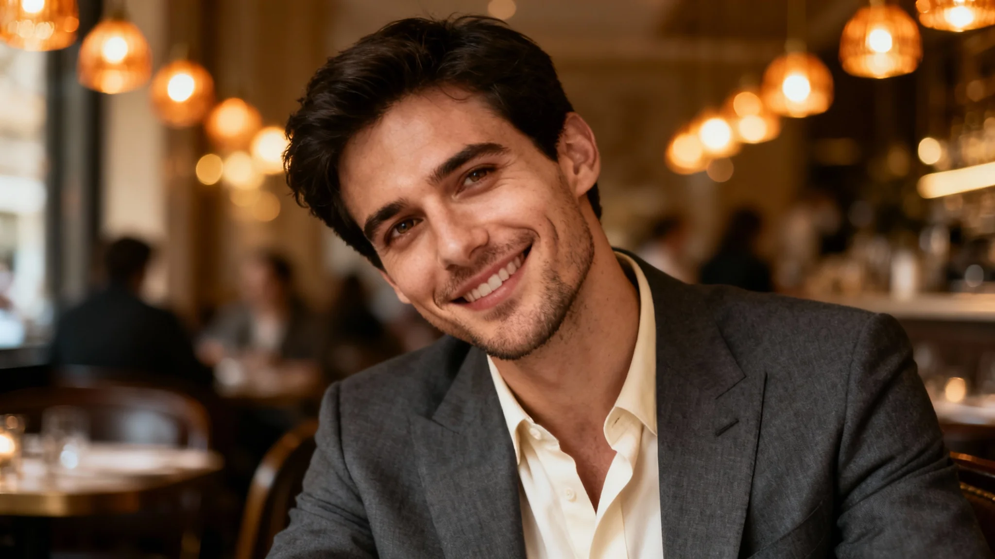 A professional head-and-shoulders portrait of a man smiling in a restaurant, with the background softly blurred to create a sophisticated and warm ambiance.